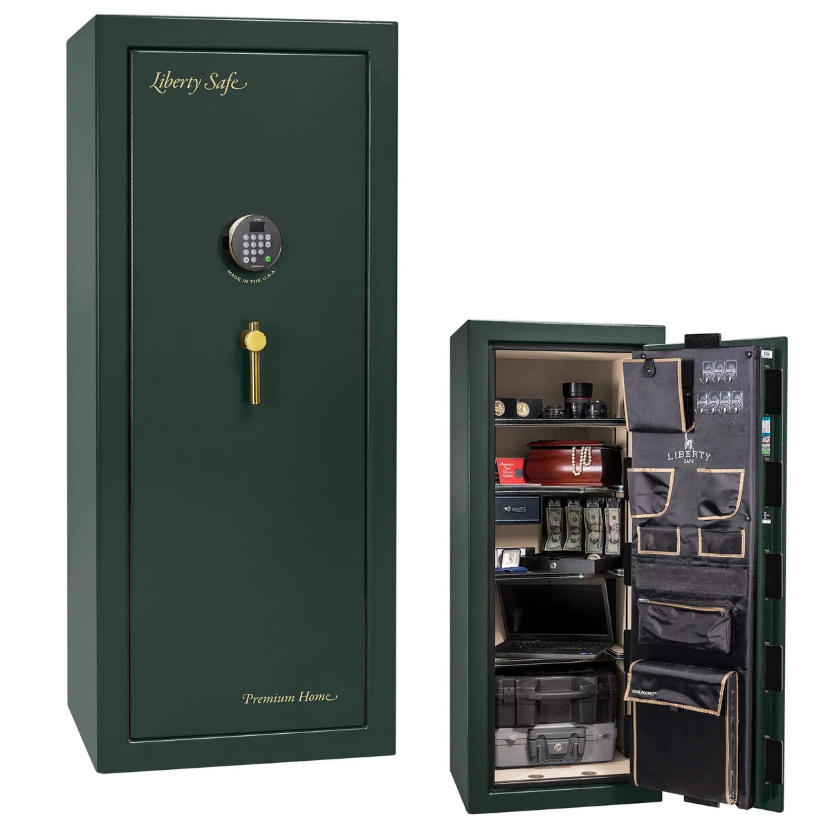 Liberty Premium Home 17 safe in Green Gloss with Brass hardware and Dormakaba 702D electronic lock.