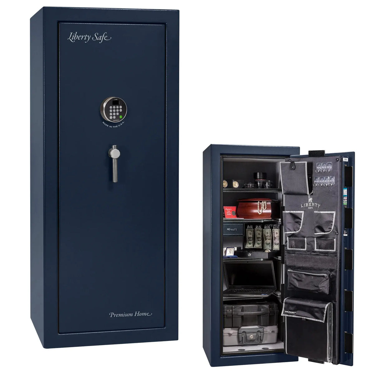 Liberty Premium Home 17 safe in Blue Gloss with Chrome hardware and Dormakaba 702D electronic lock.