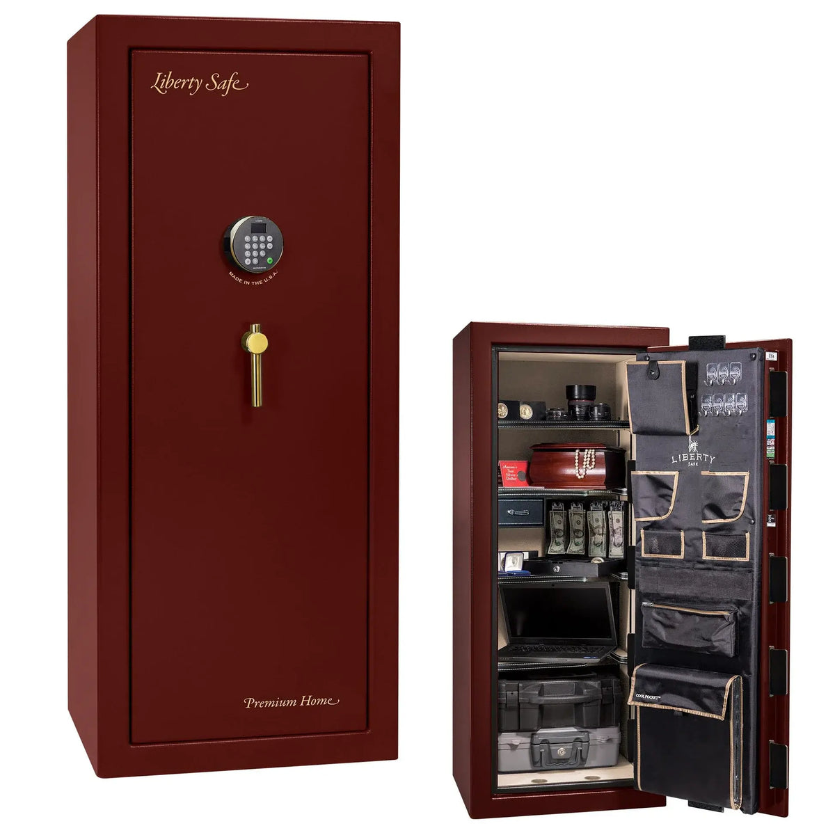 Liberty Premium Home 17 safe in Burgundy Marble with Brass hardware and Dormakaba 702D electronic lock.