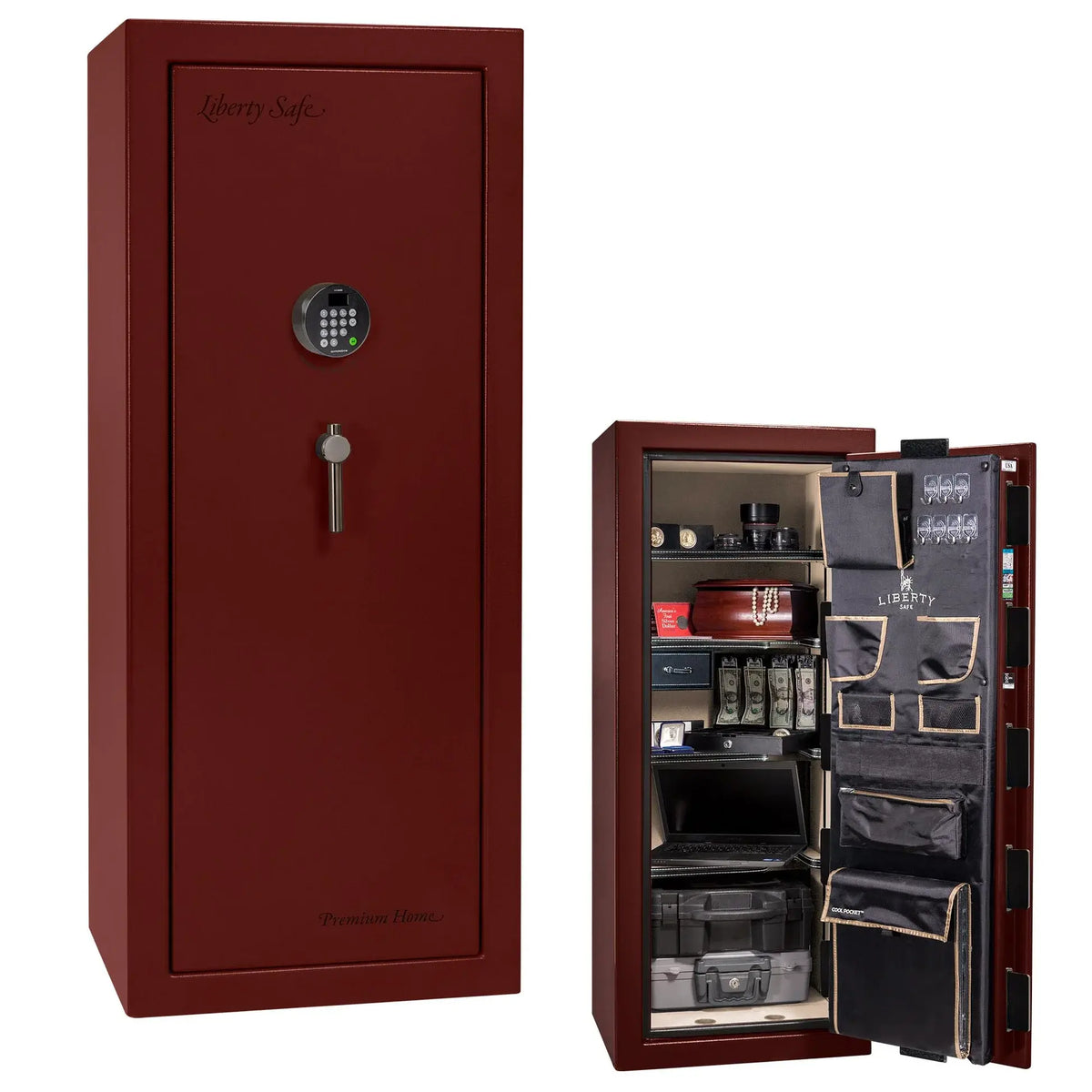 Liberty Premium Home 17 safe in Burgundy Gloss with Black Chrome hardware and Dormakaba 702D electronic lock.