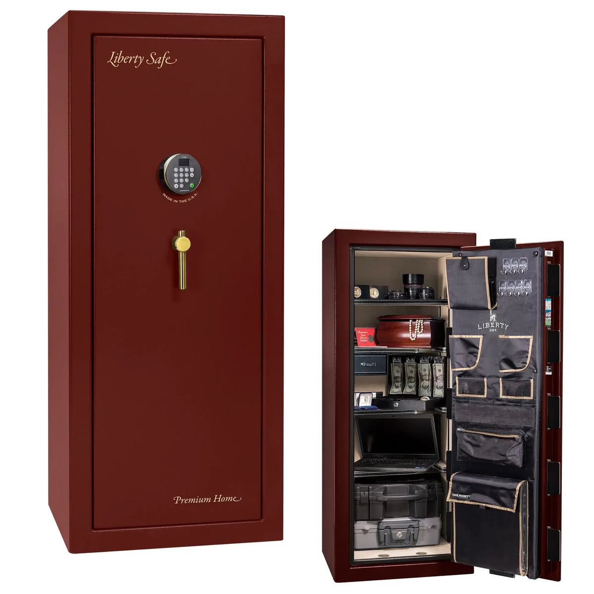 Liberty Premium Home 17 safe in Burgundy Gloss with Brass hardware and Dormakaba 702D electronic lock.