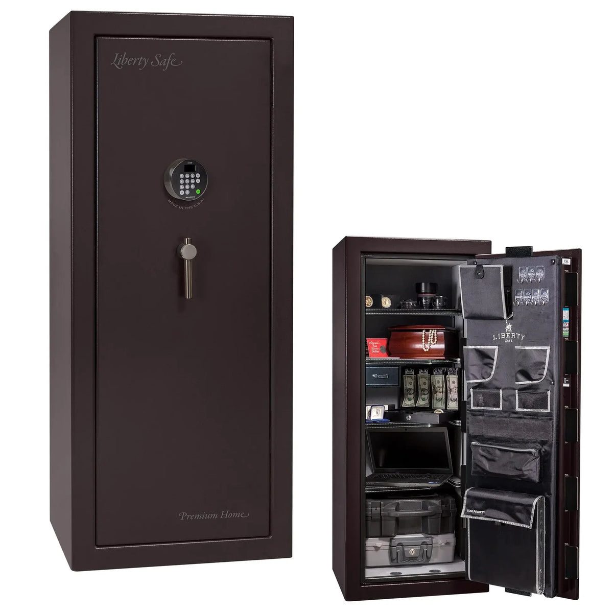 Liberty Premium Home 17 safe in Black Cherry Gloss with Black Chrome hardware and Dormakaba 702D electronic lock.