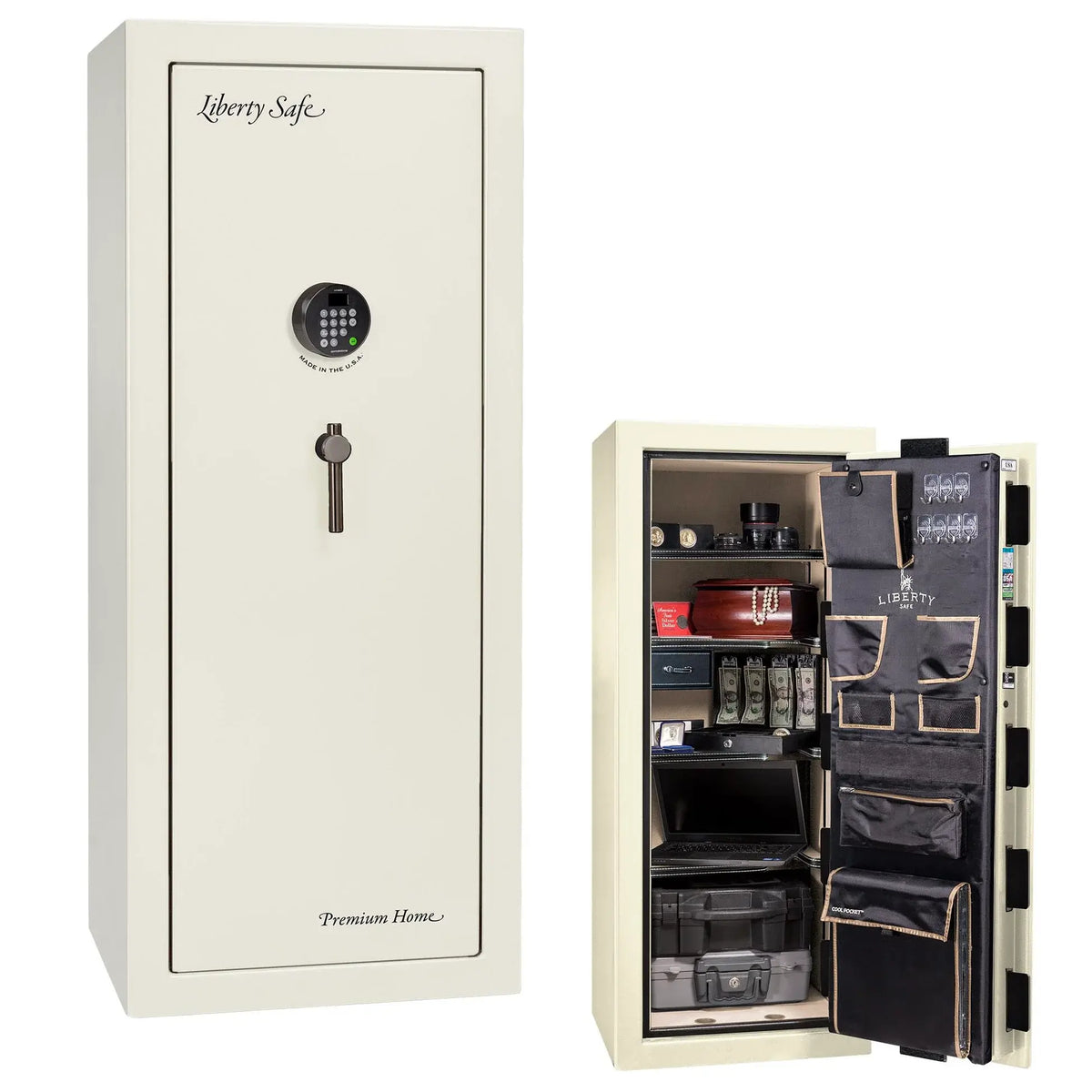 Liberty Premium Home 17 safe in White Gloss with Black Chrome hardware and Dormakaba 702D electronic lock.