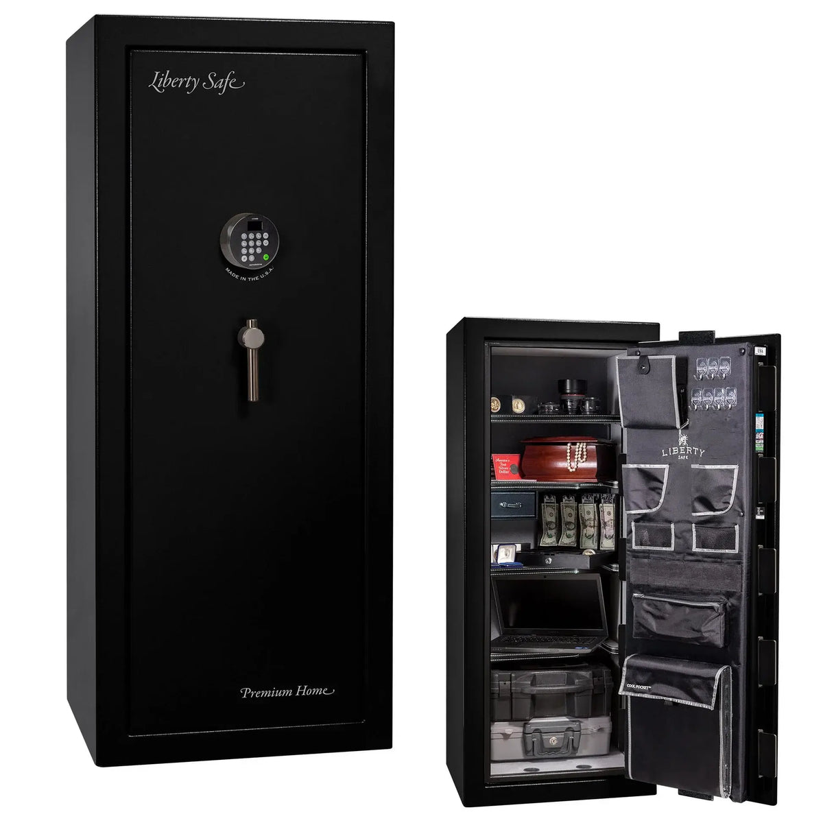 Liberty Premium Home 17 safe in Black Gloss with Black Chrome hardware and Dormakaba 702D electronic lock.