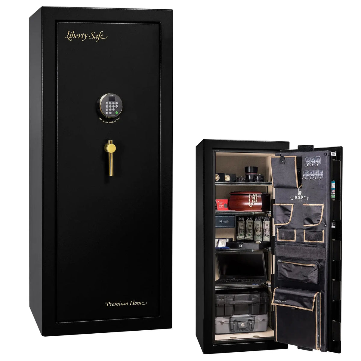 Liberty Premium Home 17 safe in Black Gloss with Brass hardware and Dormakaba 702D electronic lock.