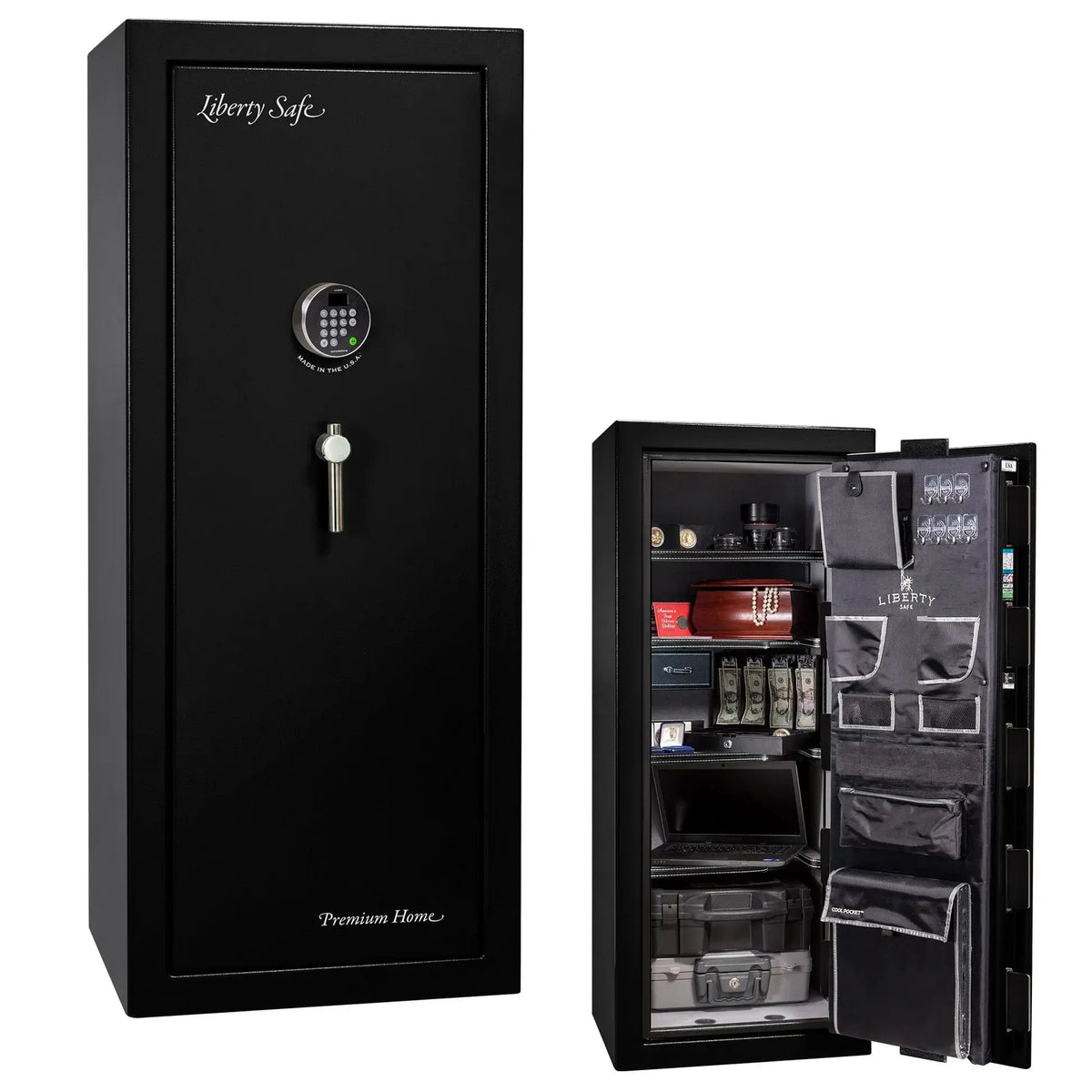 Liberty Premium Home 17 safe in Black Gloss with Chrome hardware and Dormakaba 702D electronic lock.