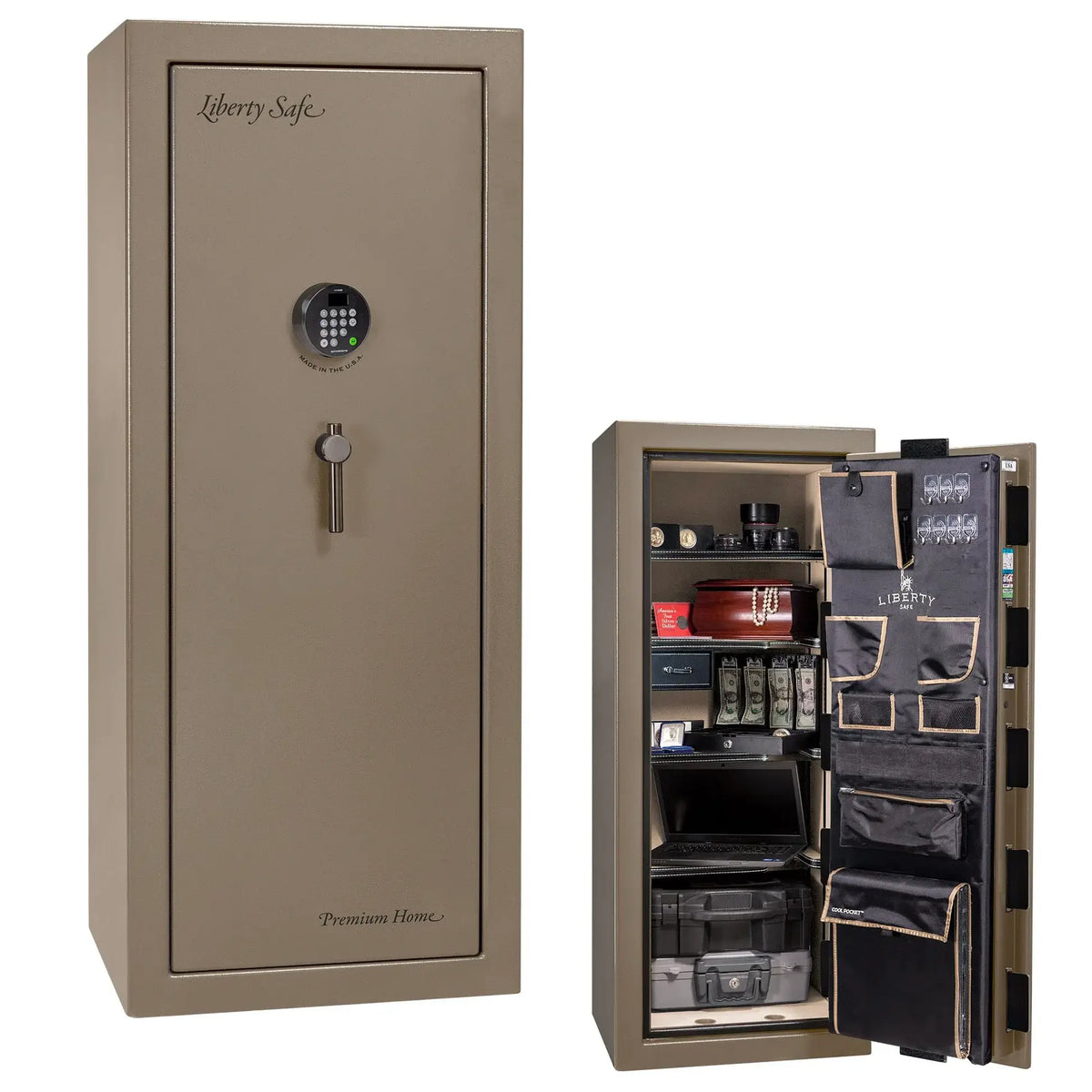 Liberty Premium Home 17 safe in Champagne Marble with Black Chrome hardware and Dormakaba 702D electronic lock.