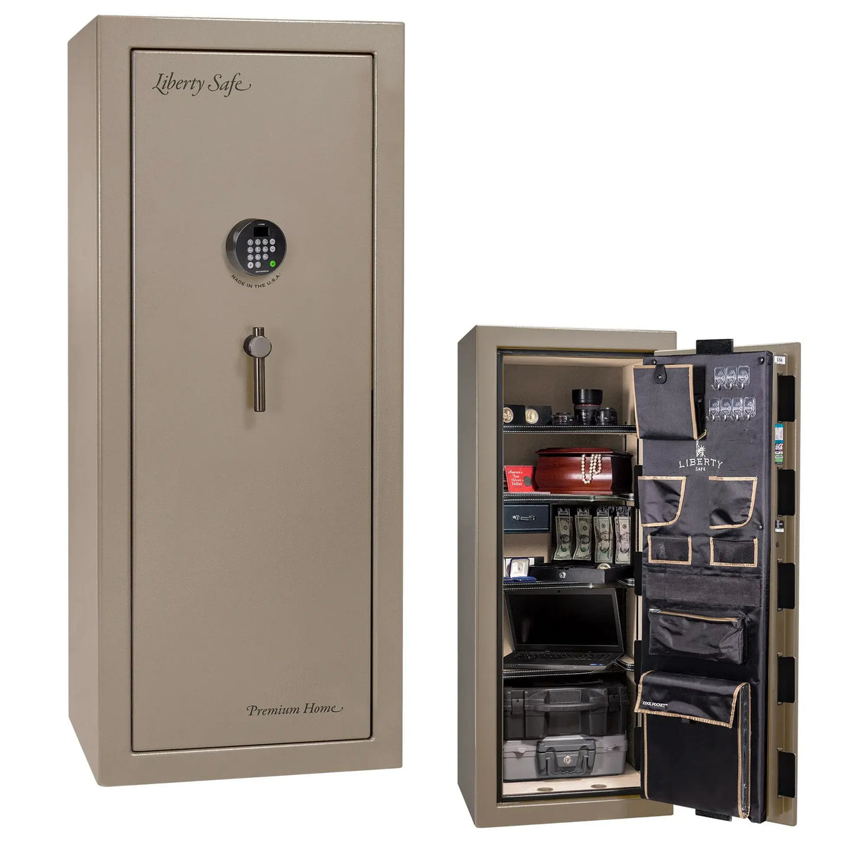 Liberty Premium Home 17 safe in Champagne Gloss with Black Chrome hardware and Dormakaba 702D electronic lock.