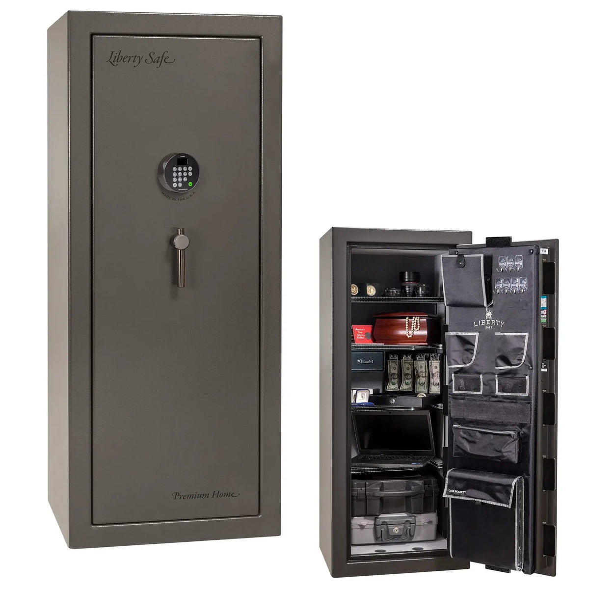 Liberty Premium Home 17 safe in Gray Marble with Black Chrome hardware and Dormakaba 702D electronic lock.