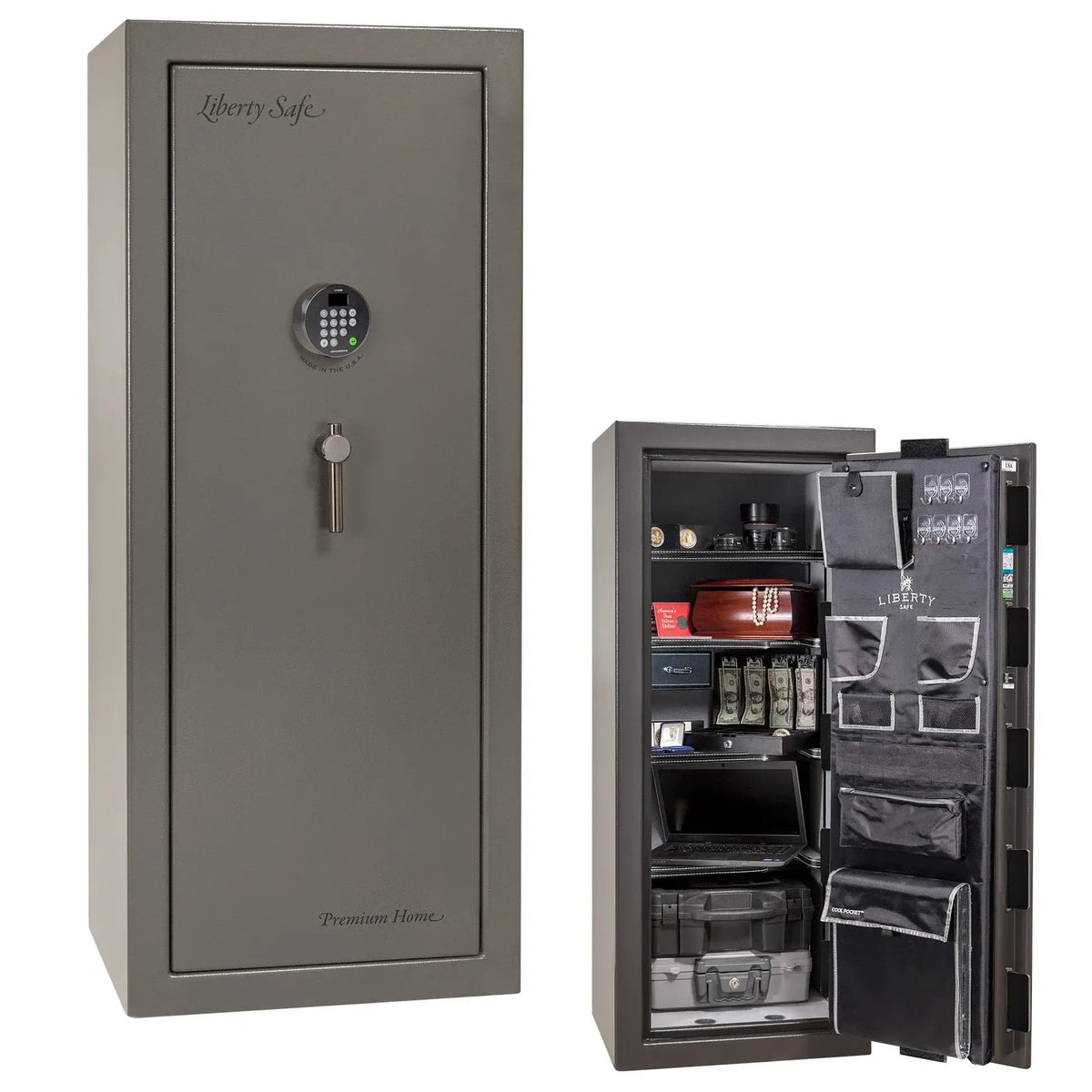Liberty Premium Home 17 safe in Gray Gloss with Black Chrome hardware and Dormakaba 702D electronic lock.