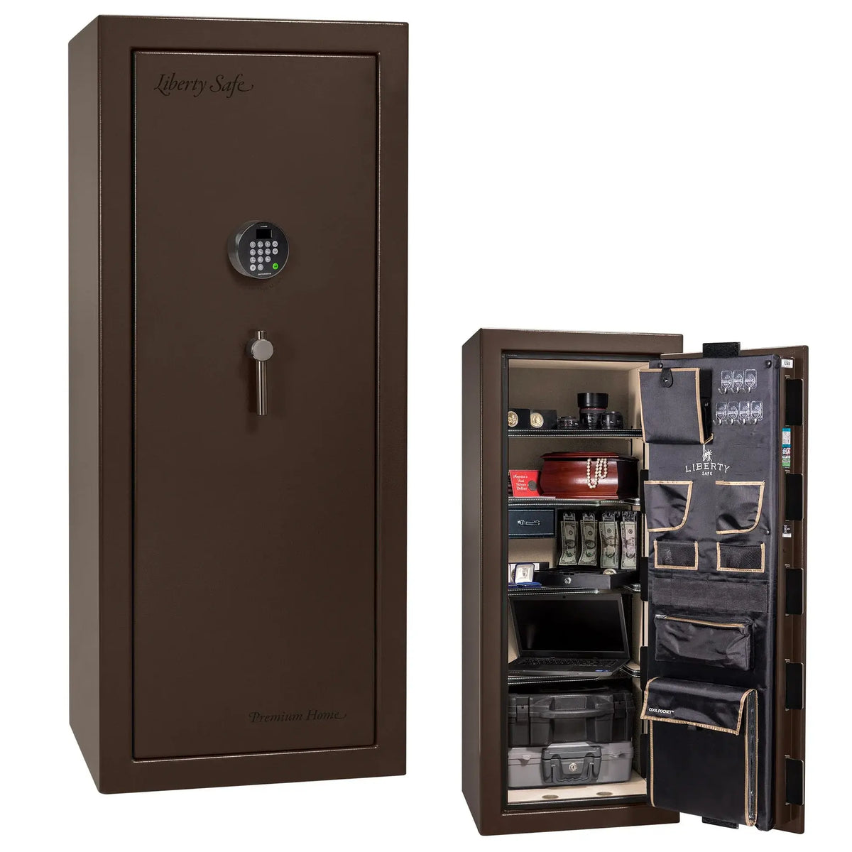 Liberty Premium Home 17 safe in Bronze Gloss with Black Chrome hardware and Dormakaba 702D electronic lock.