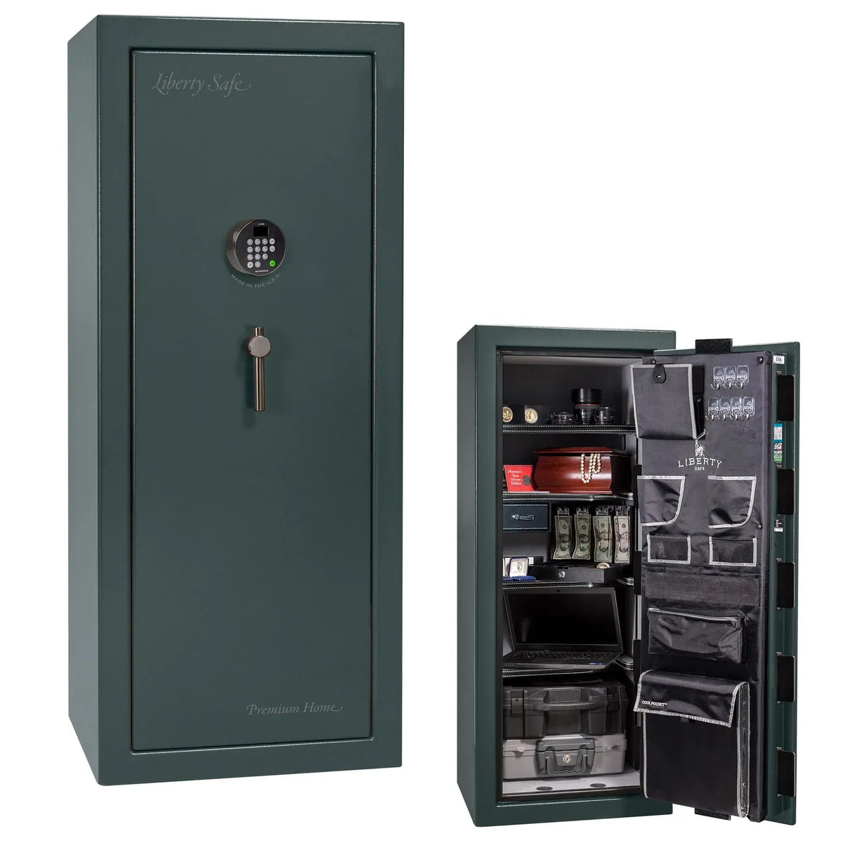 Liberty Premium Home 17 safe in Forest Mist Gloss with Black Chrome hardware and Dormakaba 702D electronic lock.