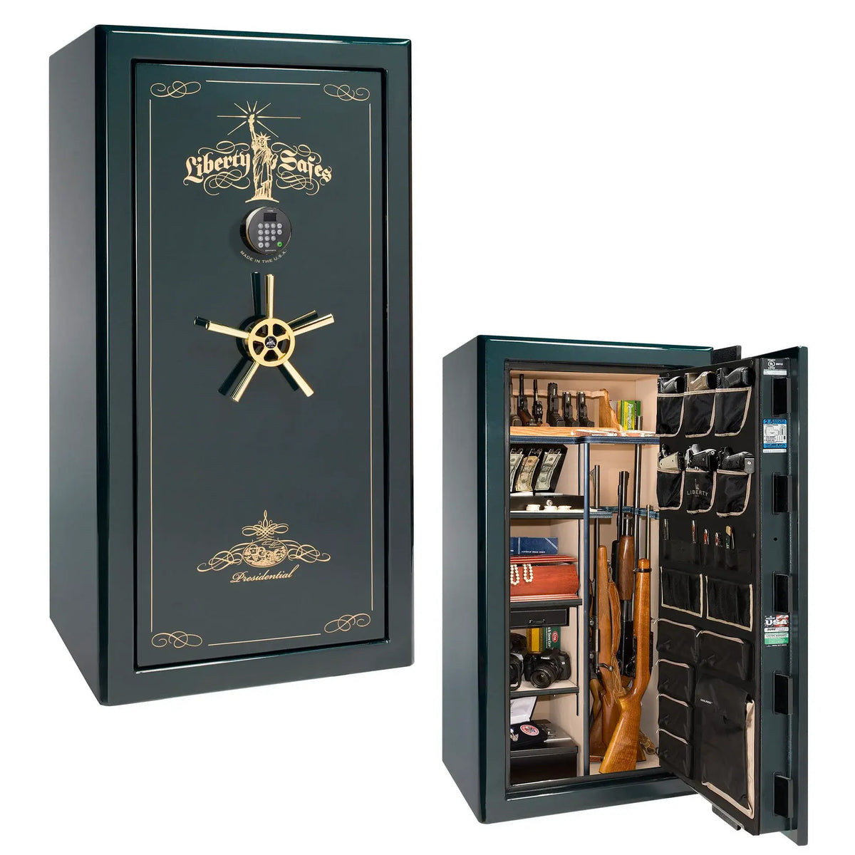 Liberty Safe Presidential 25 in emerald green gloss with gold hardware