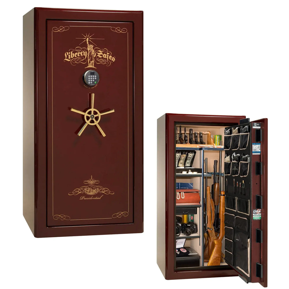Liberty Safe Presidential 25 in burgundy gloss with gold hardware