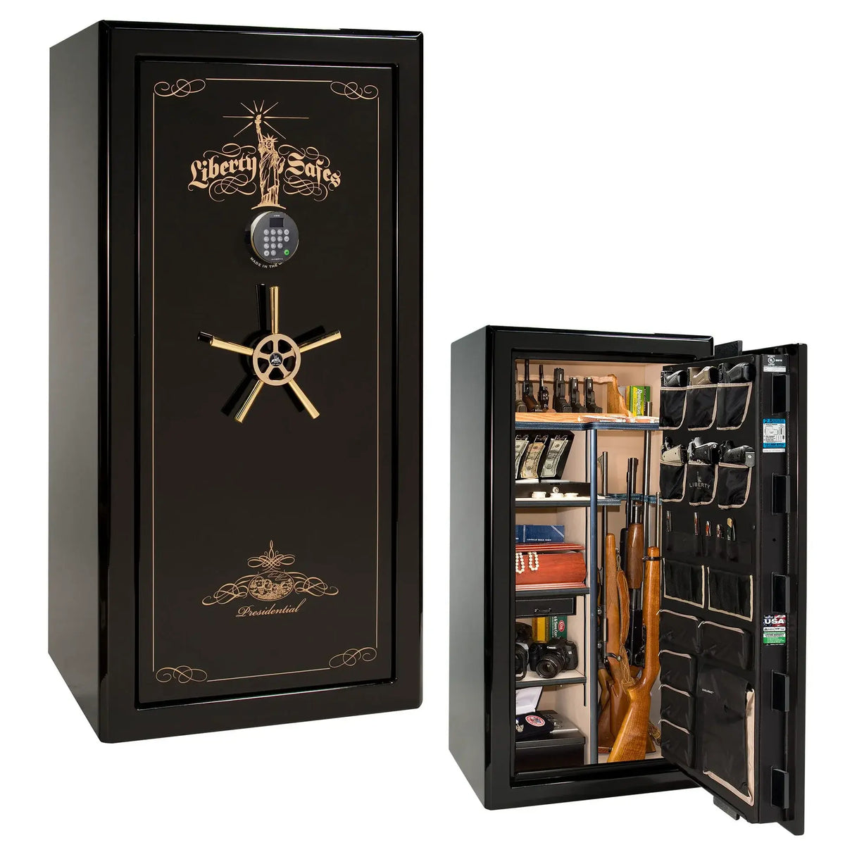 Liberty Safe Presidential 25 in black mirror gloss with gold hardware