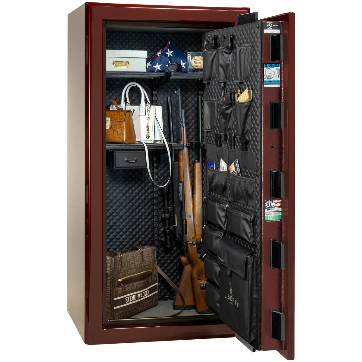 Liberty Presidential 25 safe in Burgundy Gloss with loaded Signature interior.