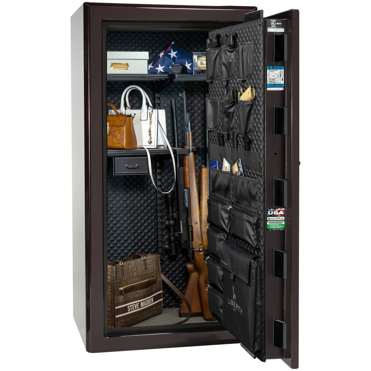 Liberty Presidential 25 safe in Black Cherry Gloss with loaded Signature interior.