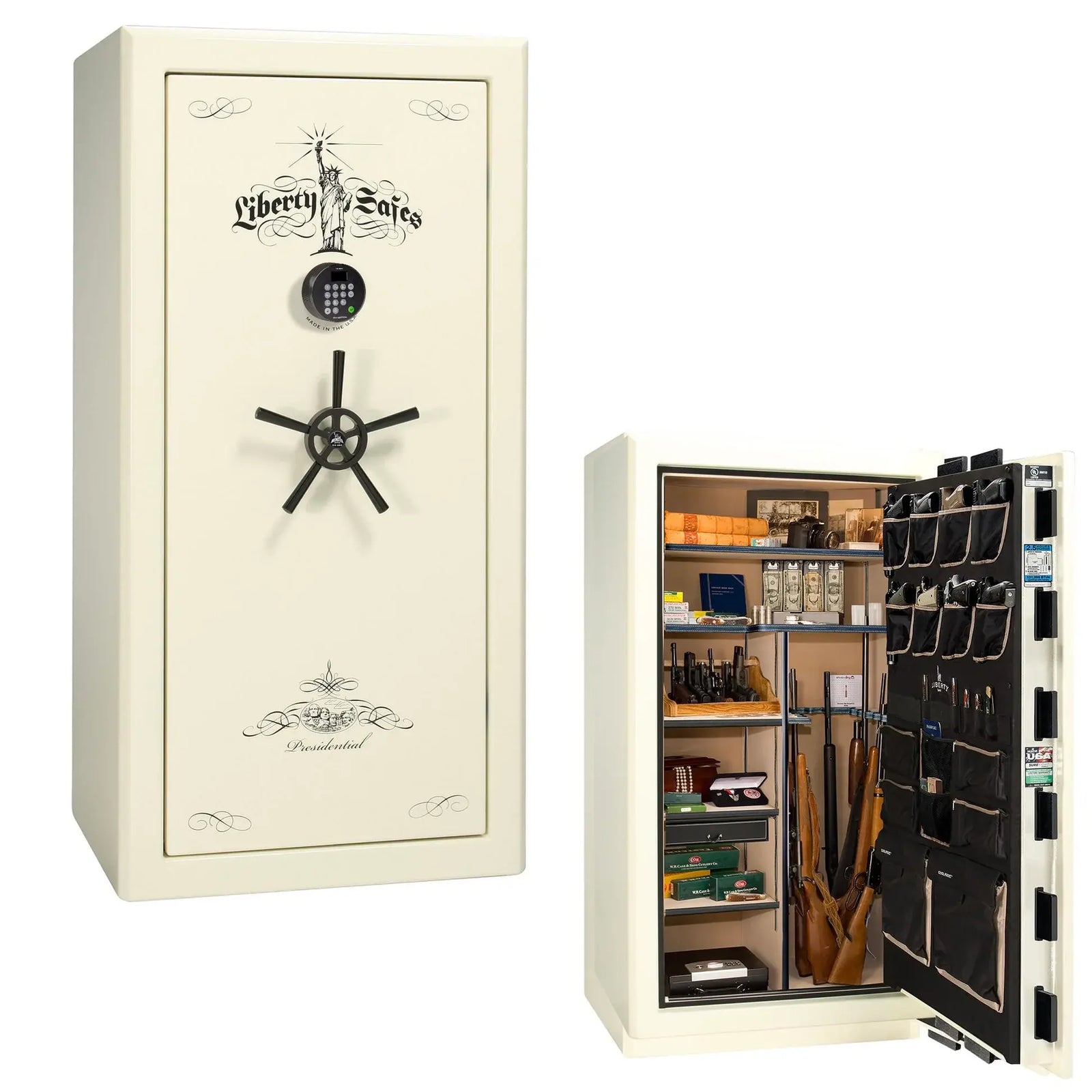 Liberty Presidential 25 safe in White Marble with Black Chrome hardware and Dormakaba 702D electronic lock.