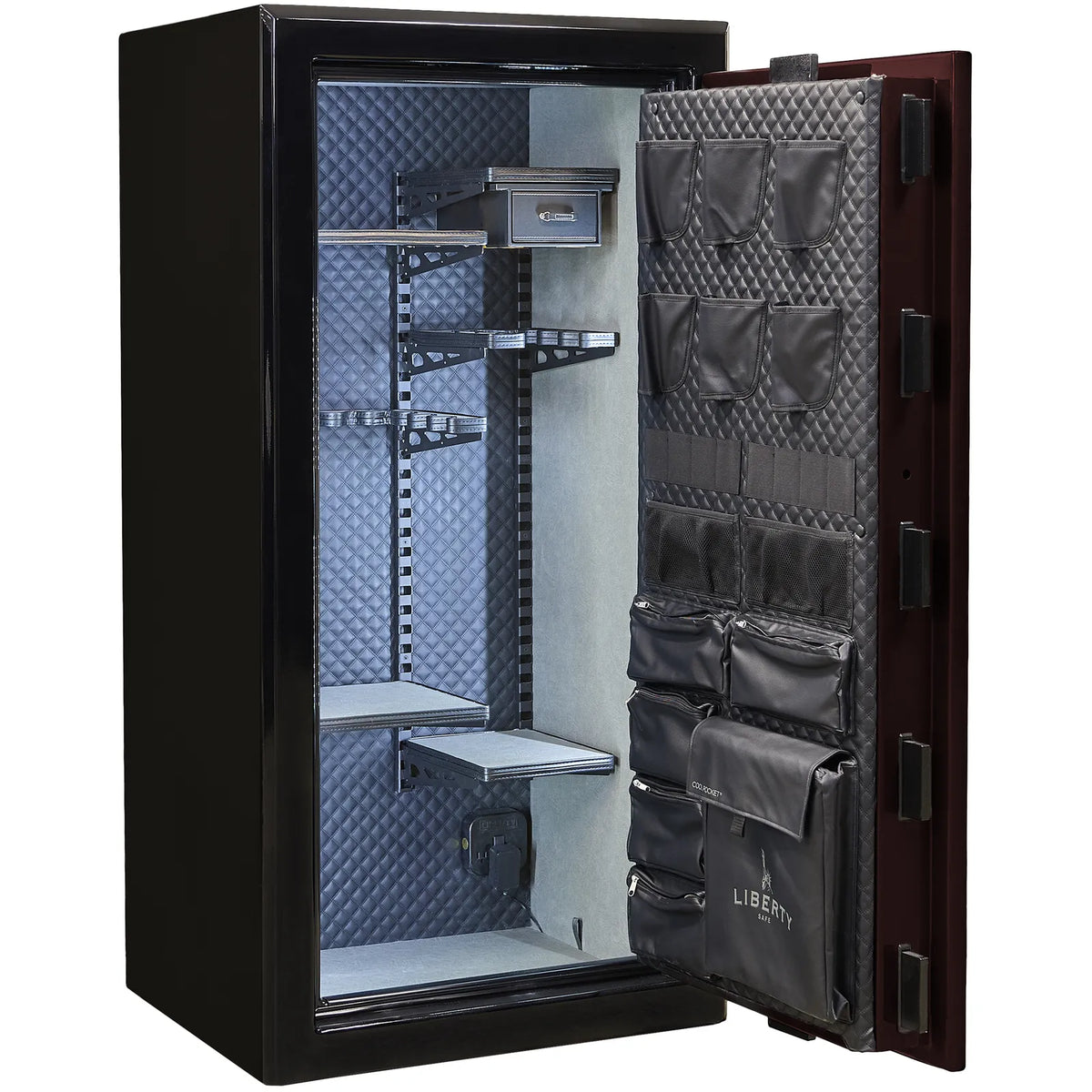 Liberty Presidential 25 safe in Two-Tone Burgundy Gloss with Signature interior.