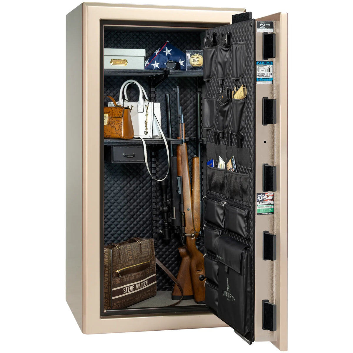 Liberty Presidential 25 safe in Champagne Gloss with loaded Signature interior.