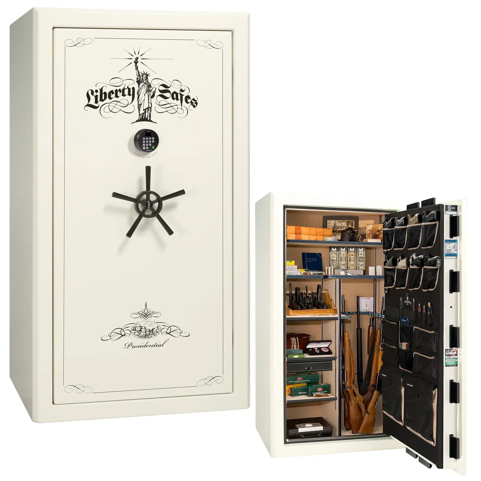 Liberty Presidential 40 safe in White Marble with Black Chrome hardware and Dormakaba 702D electronic lock.