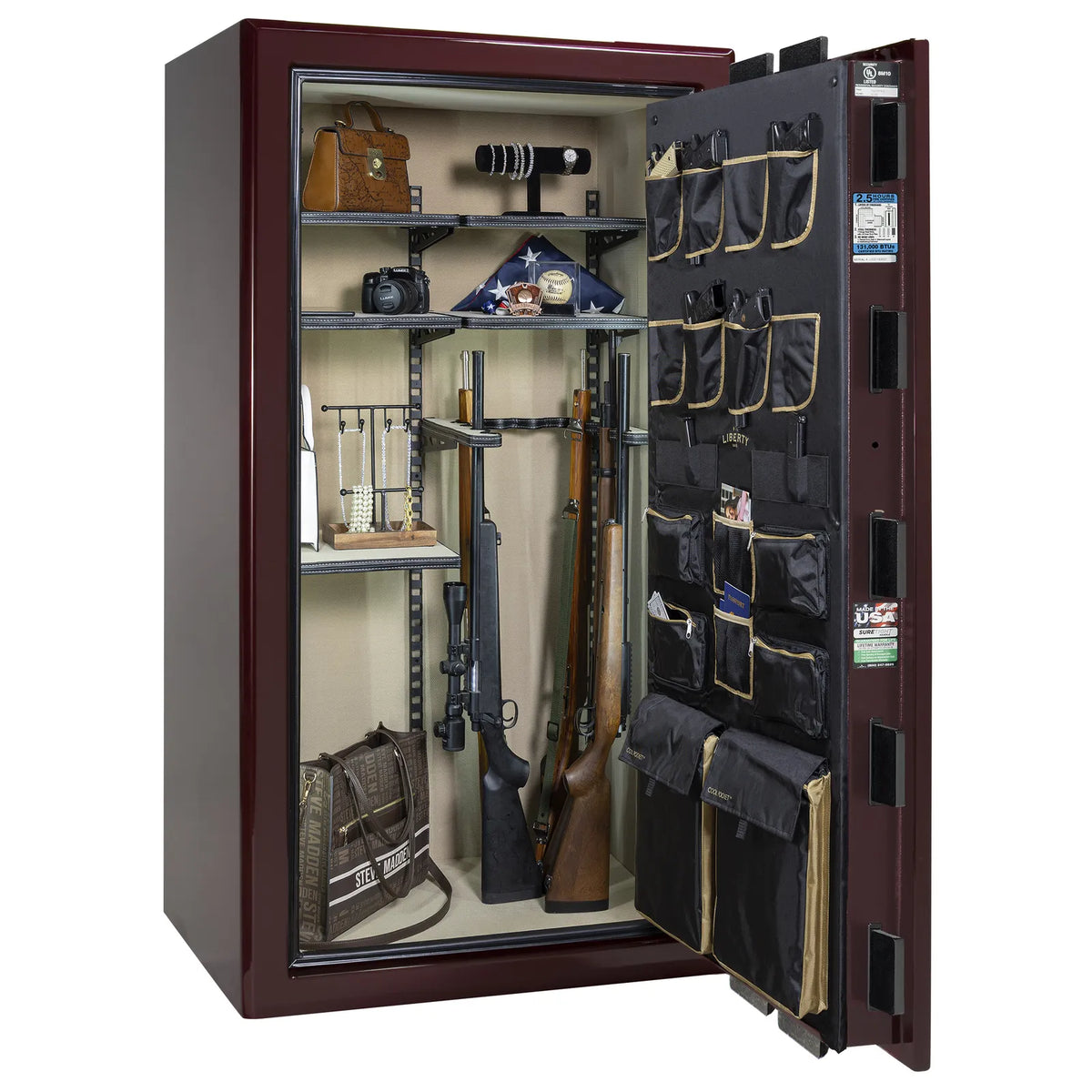Liberty Presidential 40 safe in Burgundy Gloss with loaded Pro Flex interior.