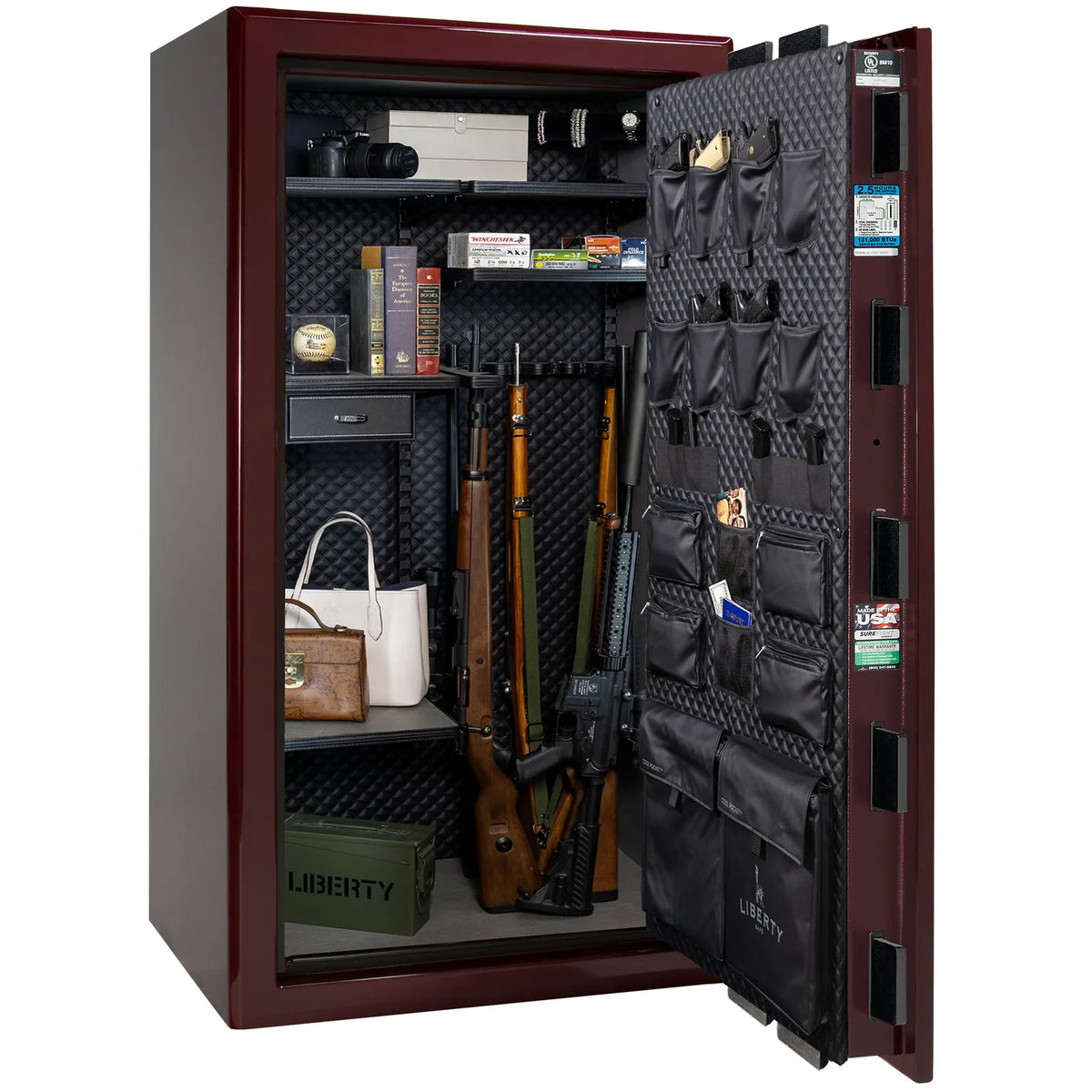 Liberty Presidential 40 safe in Burgundy Gloss with loaded Signature interior.