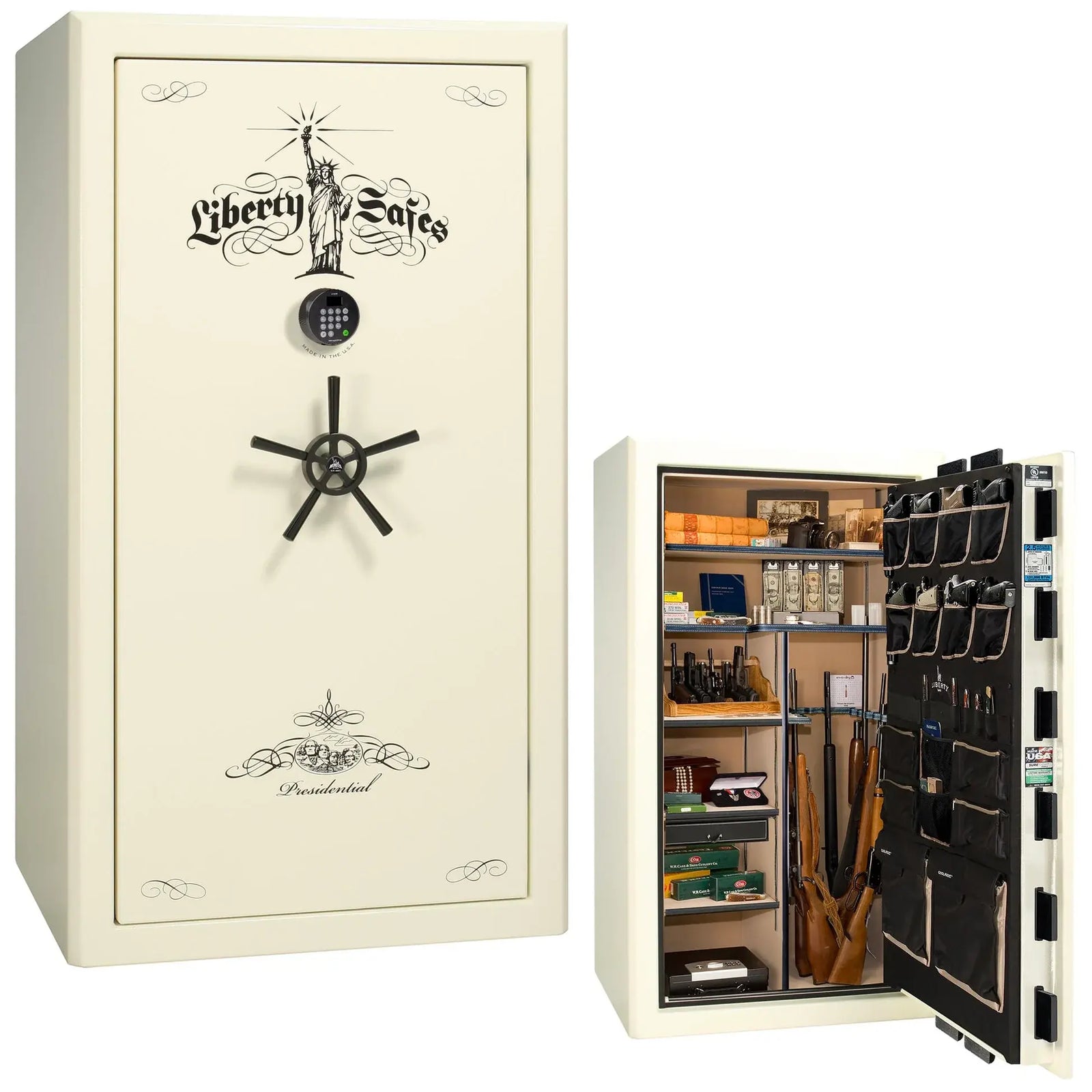 Liberty Presidential 40 safe in White Marble with Black Chrome hardware and Dormakaba 702D electronic lock.