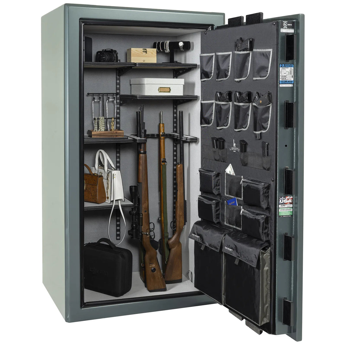 Liberty Presidential 40 safe in Forest Mist Gloss with loaded Pro Flex interior.