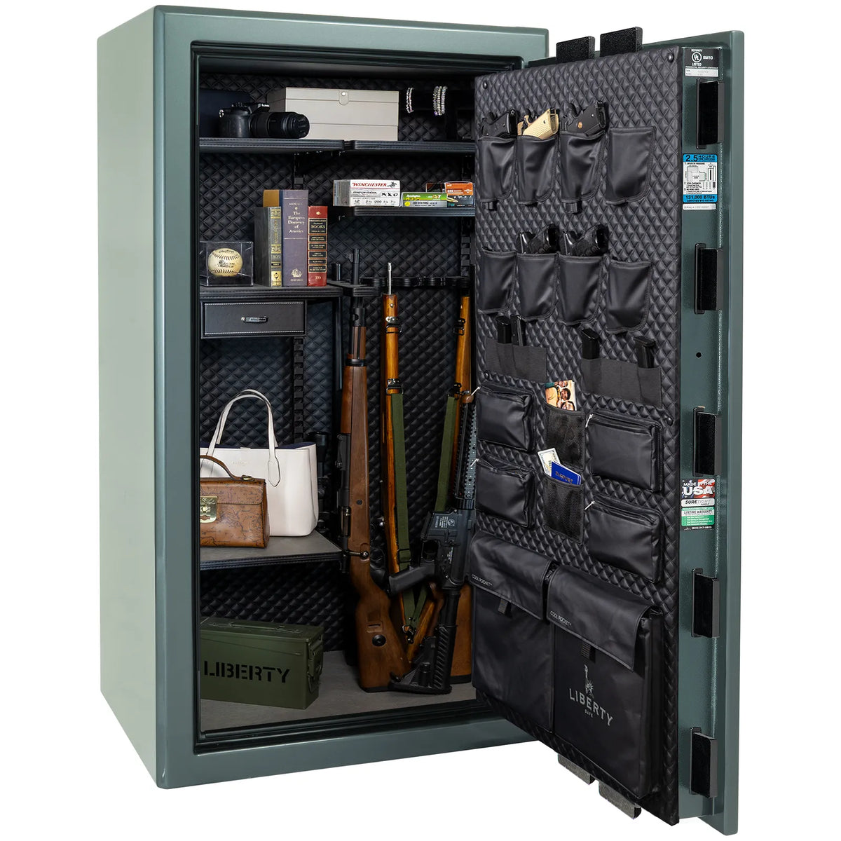 Liberty Presidential 40 safe in Forest Mist Gloss with loaded Signature interior.