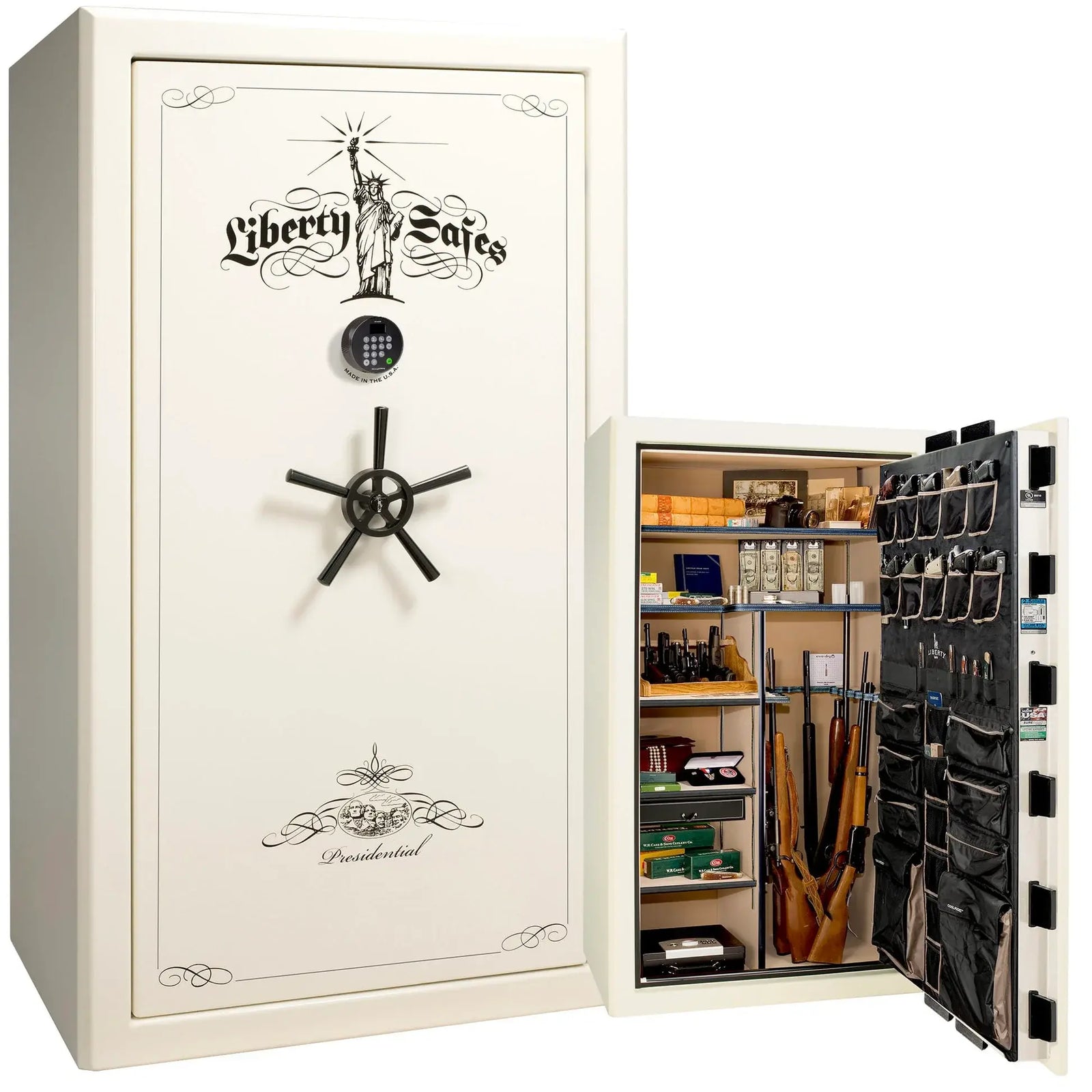 Liberty Presidential 50 safe in White Marble with Black Chrome hardware and Dormakaba 702D electronic lock.