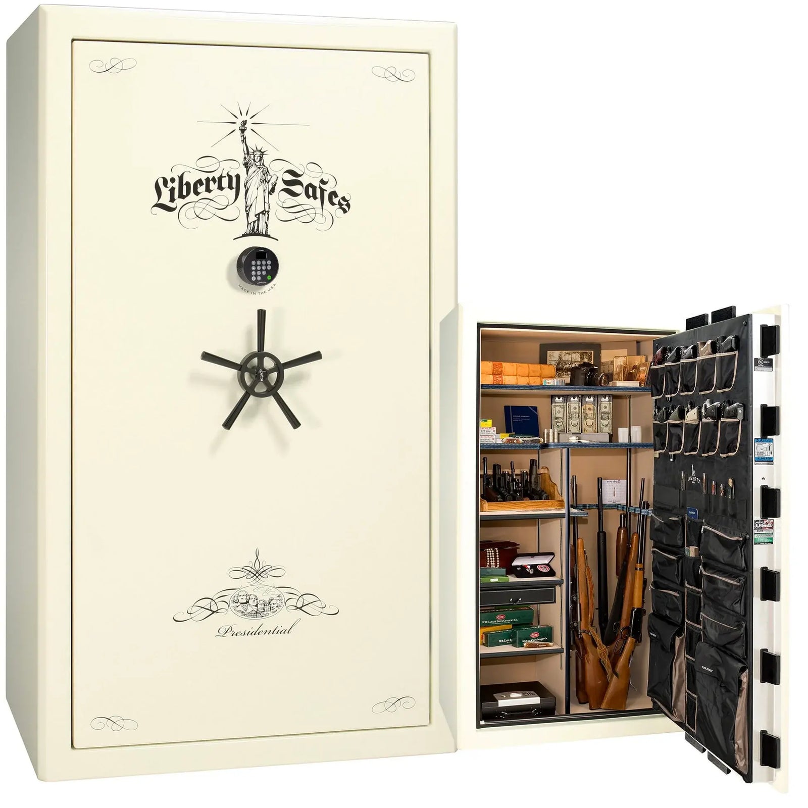 Liberty Presidential 50 safe in White Marble with Black Chrome hardware and Dormakaba 702D electronic lock.
