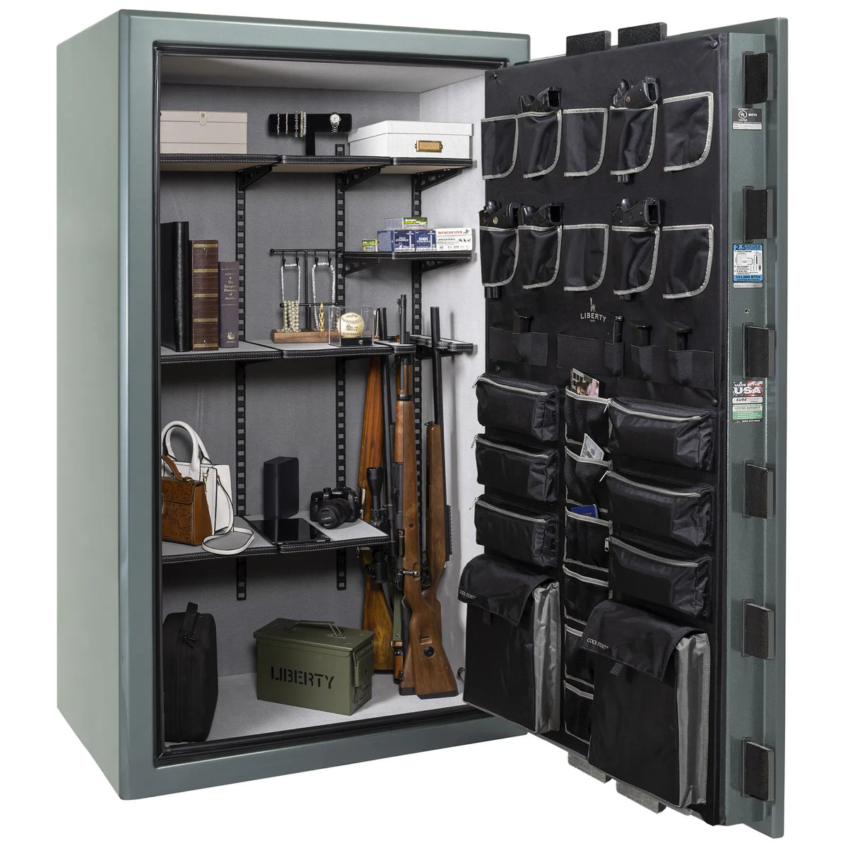 Liberty Presidential 50 safe in Forest Mist Gloss with loaded Pro Flex interior.