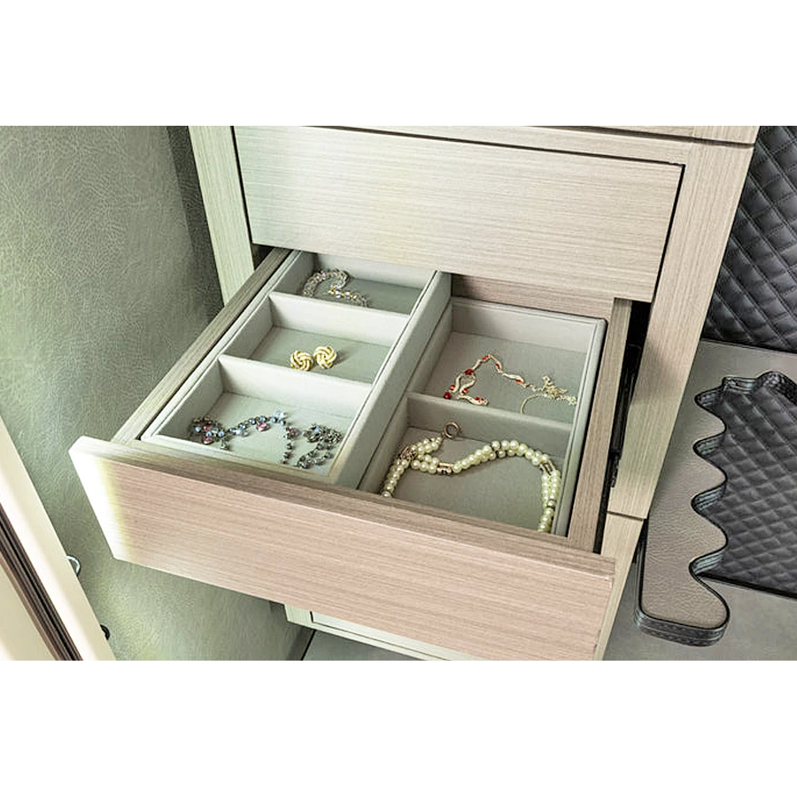 Open Pro Flex Jewelry Drawer with removable storage trays shown in a signature interior