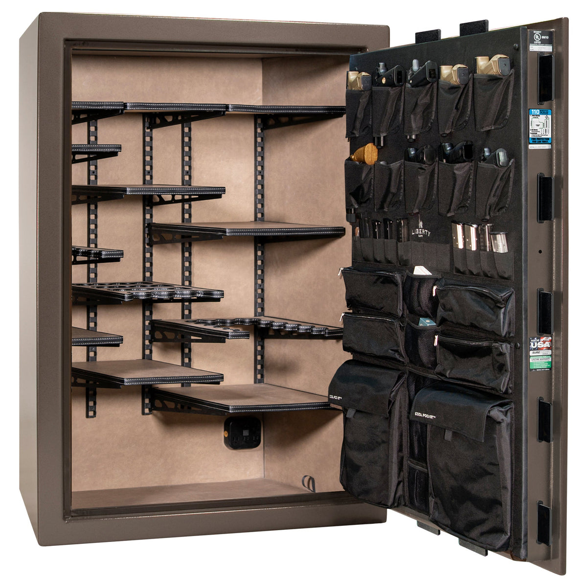 Liberty Safe Franklin 45 Widebody in Bronze Textured — interior with ProFlex shelving system.