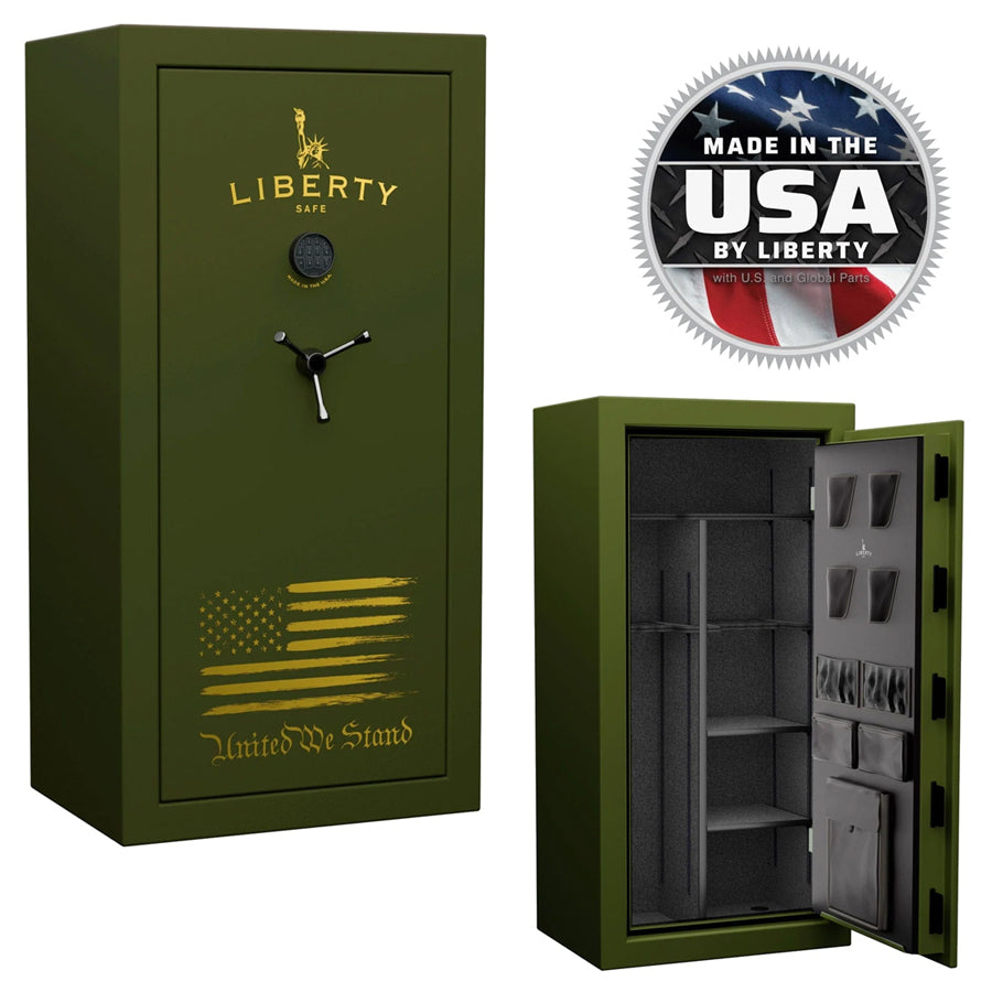 Liberty USA 30 Olive Drab Green Flag Safe with Gold Lettering and Black Electronic lock.