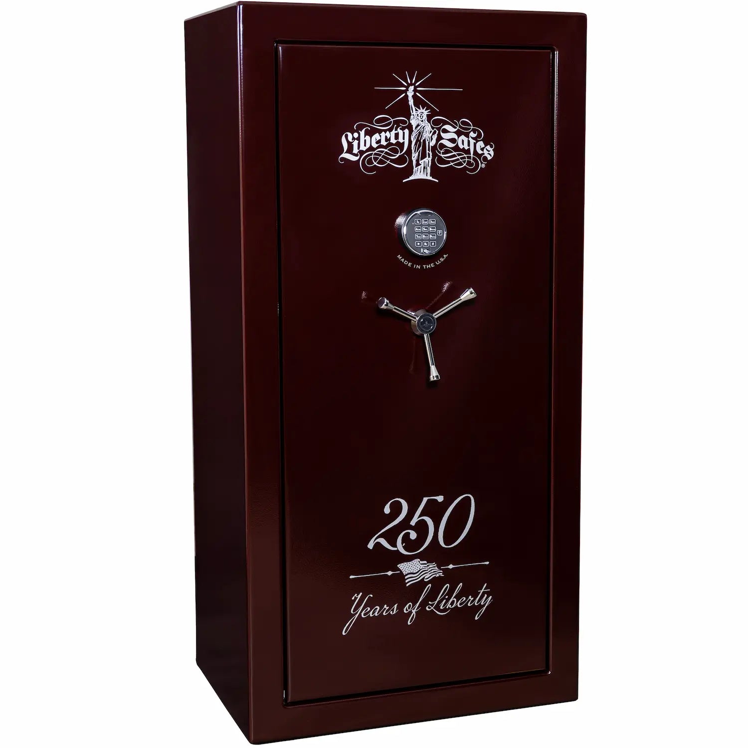 Liberty USA 30 250th Commemorative Gun Safe in Burgundy Marble showing exterior and interior storage