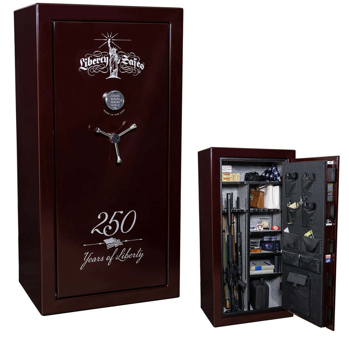 Liberty USA 30 250th Commemorative Gun Safe in Burgundy Marble showing exterior and interior storage