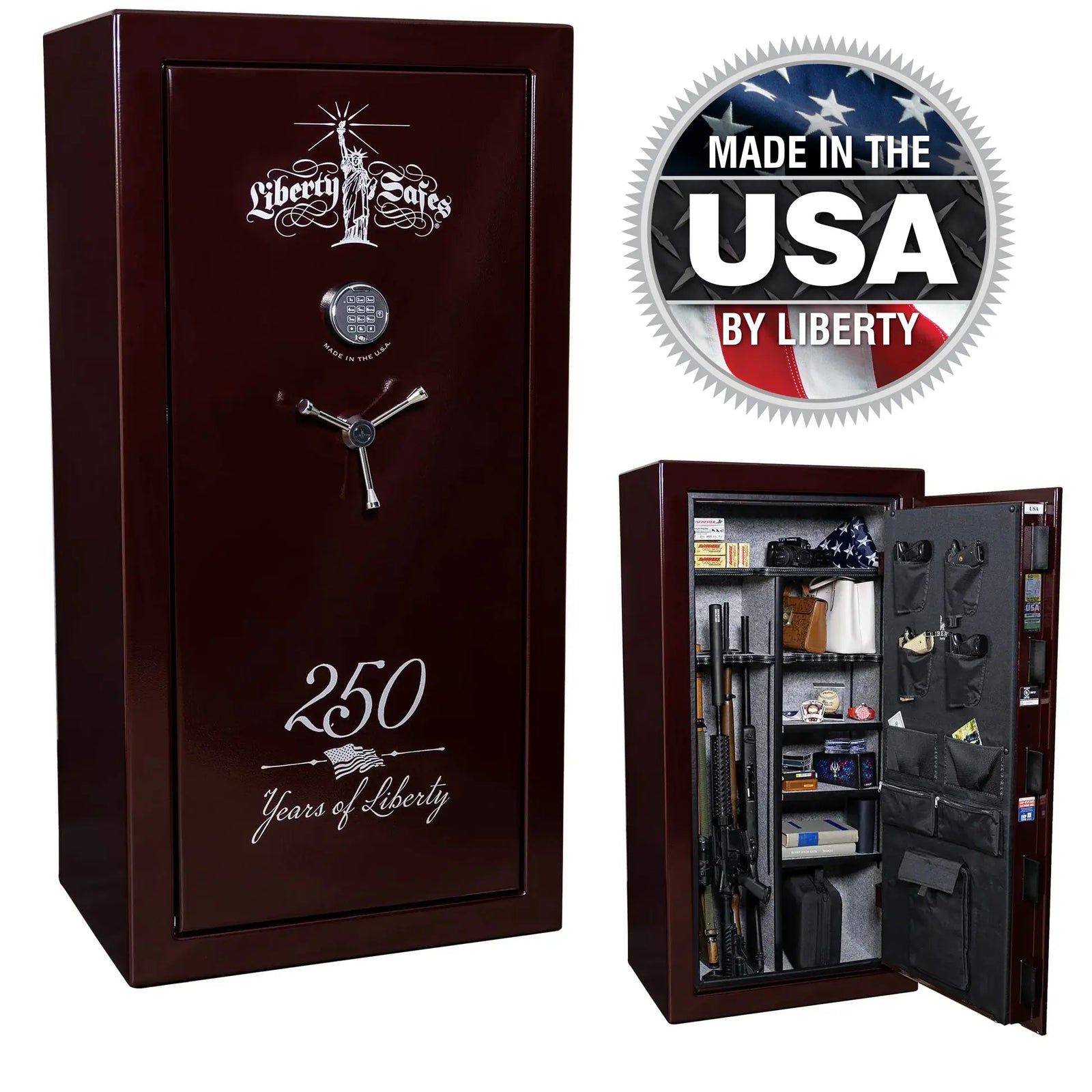 Liberty USA 30 250th Commemorative Gun Safe in Burgundy Marble showing exterior and interior storage