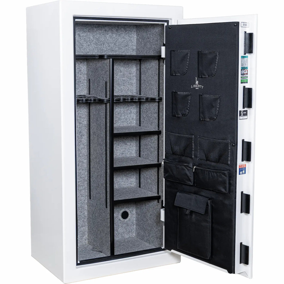 Liberty USA 30 250th Commemorative Gun Safe reflective white interior with Dual Flex shelving and door storage