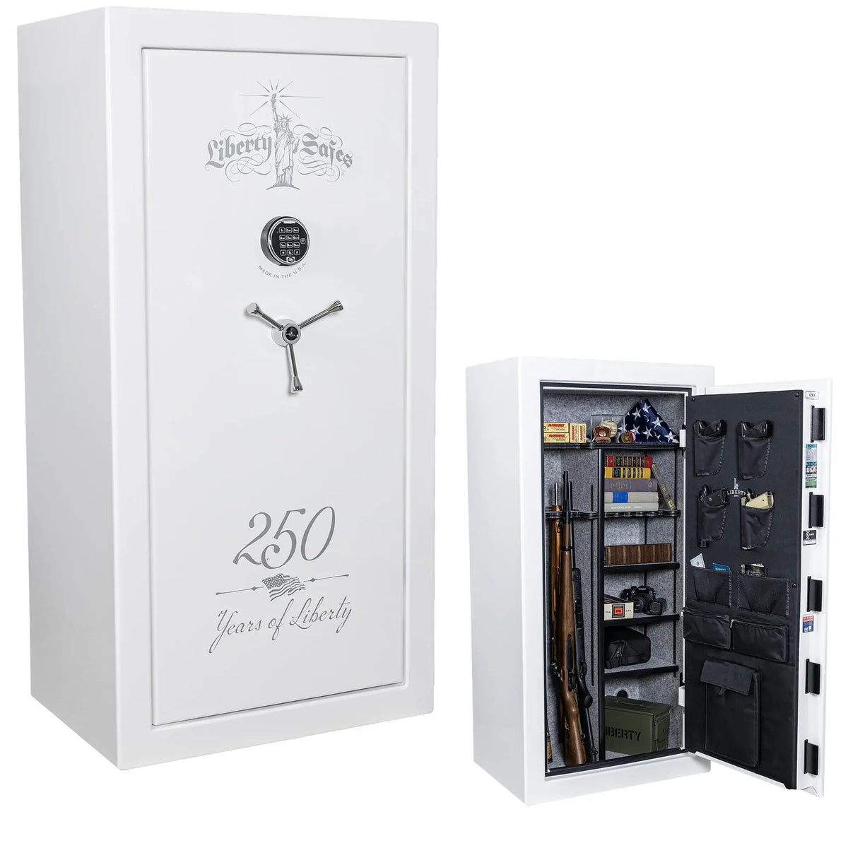 Liberty USA 30 250th Commemorative Gun Safe in Reflective White showing exterior and interior storage