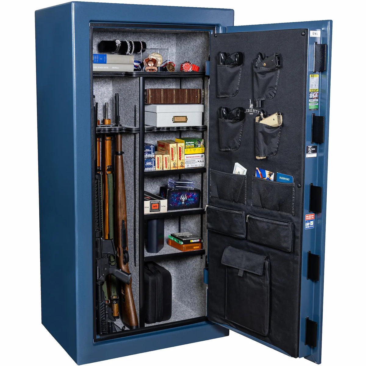 Liberty USA 30 250th Commemorative Gun Safe textured blue interior loaded with valuables, gear, and firearms