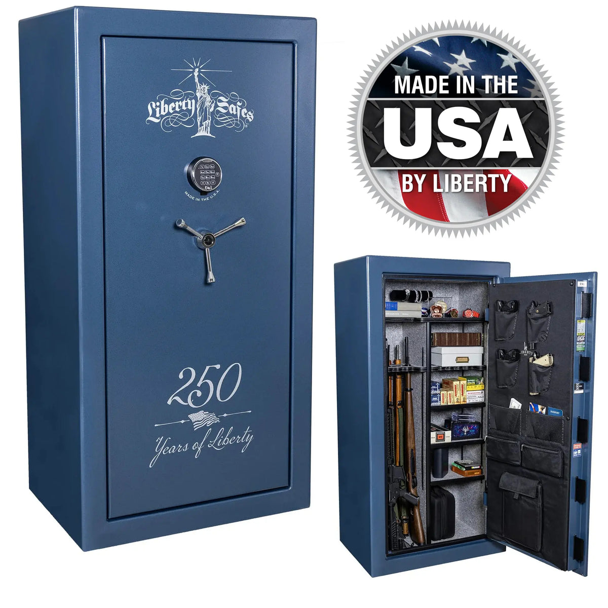 Liberty USA 30 250th Commemorative Gun Safe in Textured Blue showing exterior and interior storage