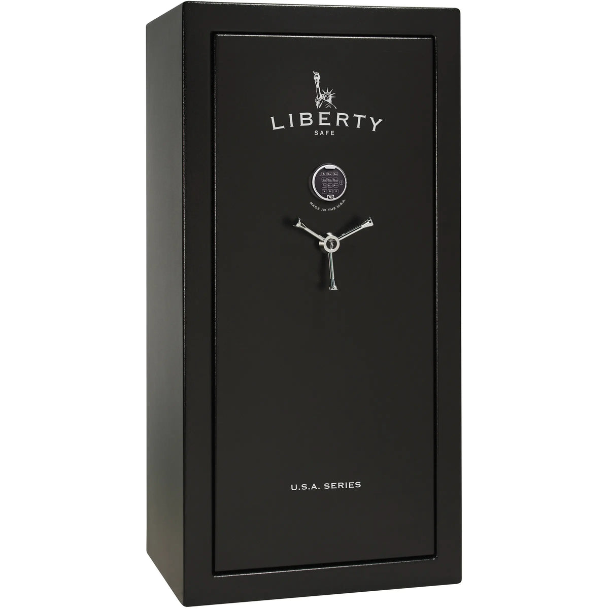 Liberty Safe USA 30 gun safe in textured black exterior with electronic lock and 3-spoke handle