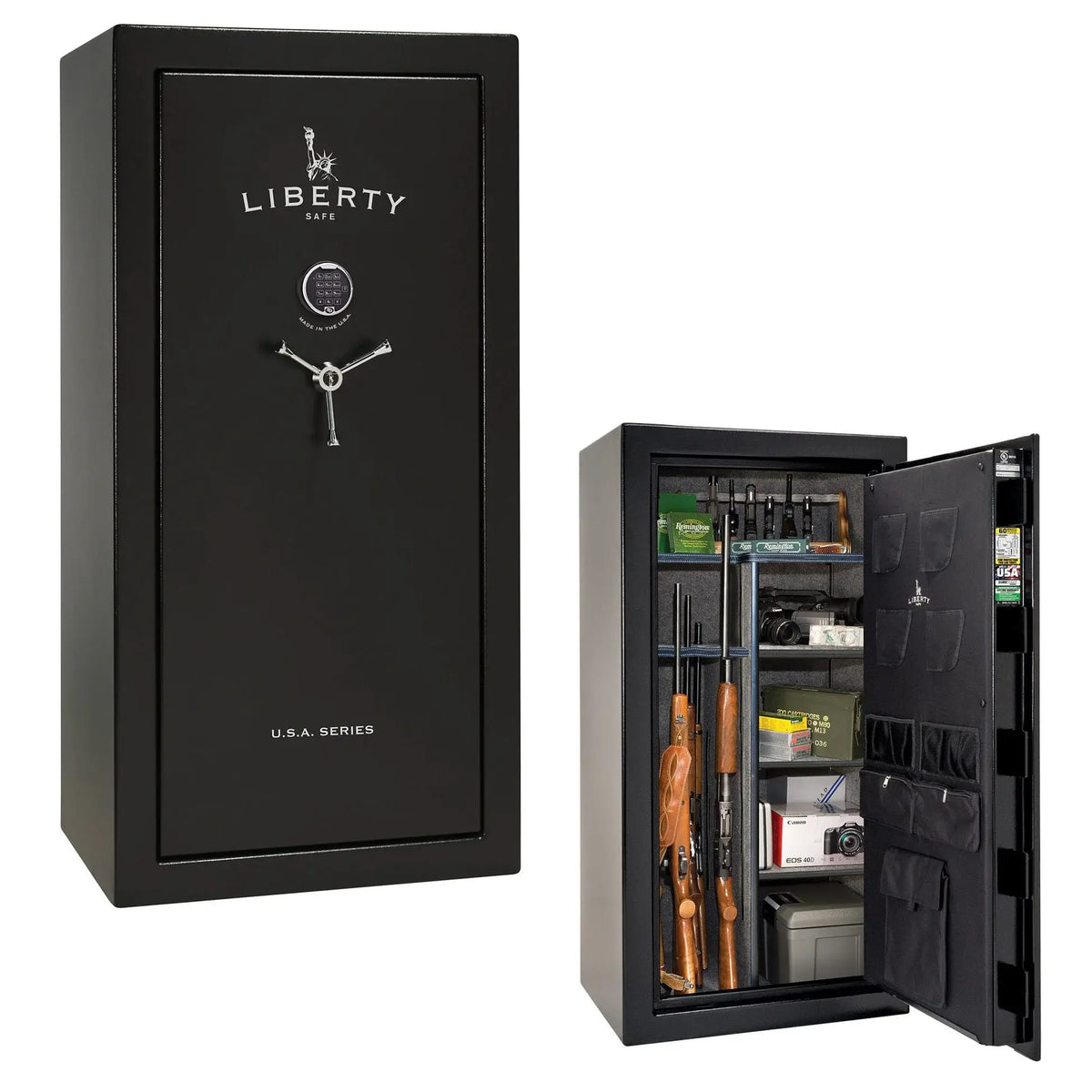 Liberty Safe USA 30 gun safe in textured black with electronic lock, 3-spoke handle, and loaded interior with door panel organizer