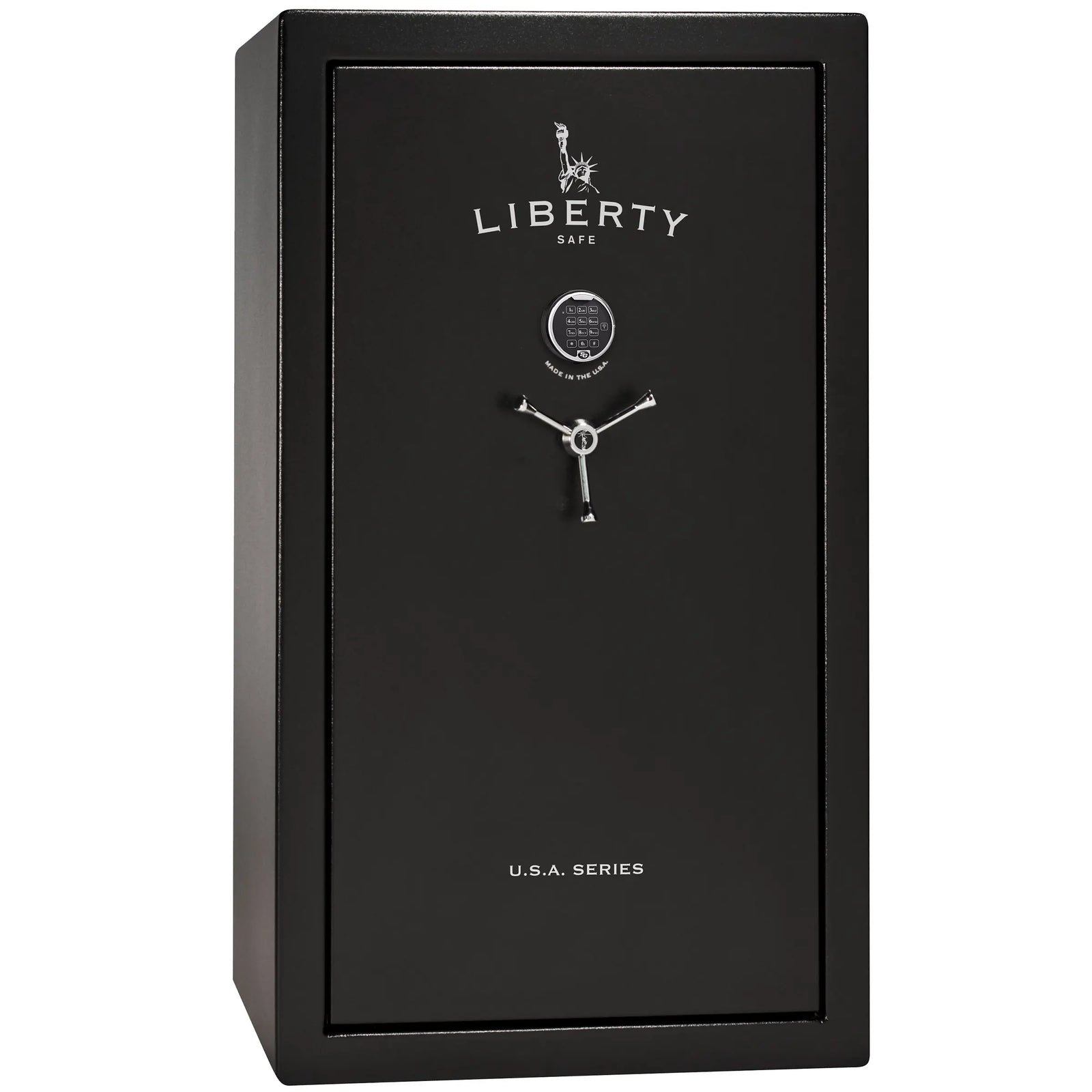 Liberty Safe USA 36 gun safe in textured black with electronic lock, 3-spoke handle, and loaded interior with door panel organizer