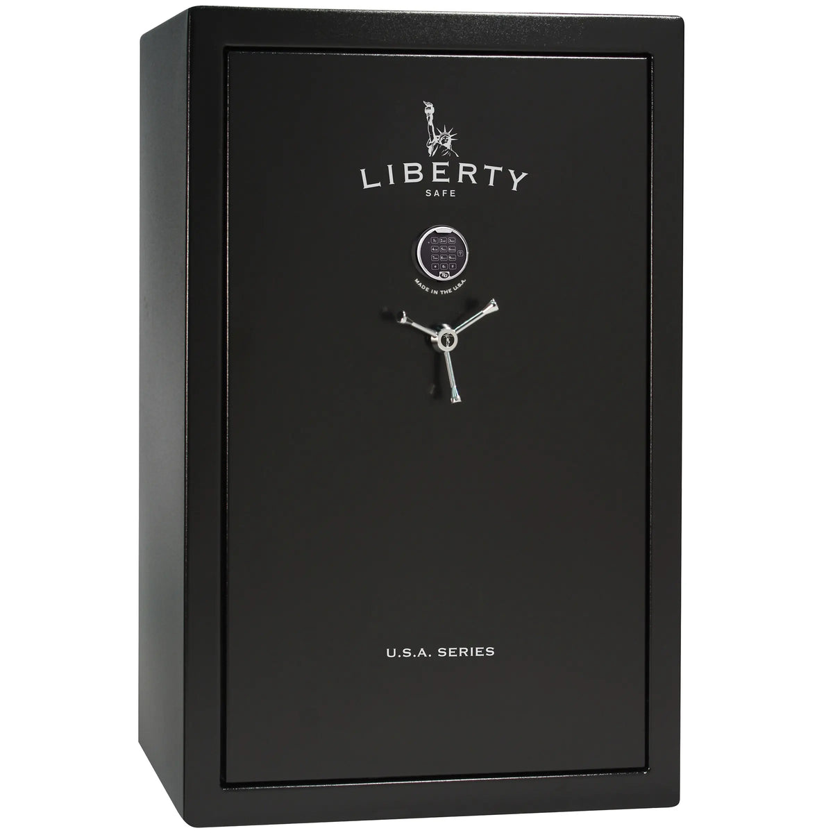 Liberty Safe USA 48 gun safe in textured black exterior with electronic lock, 3-spoke handle, and door panel organizer