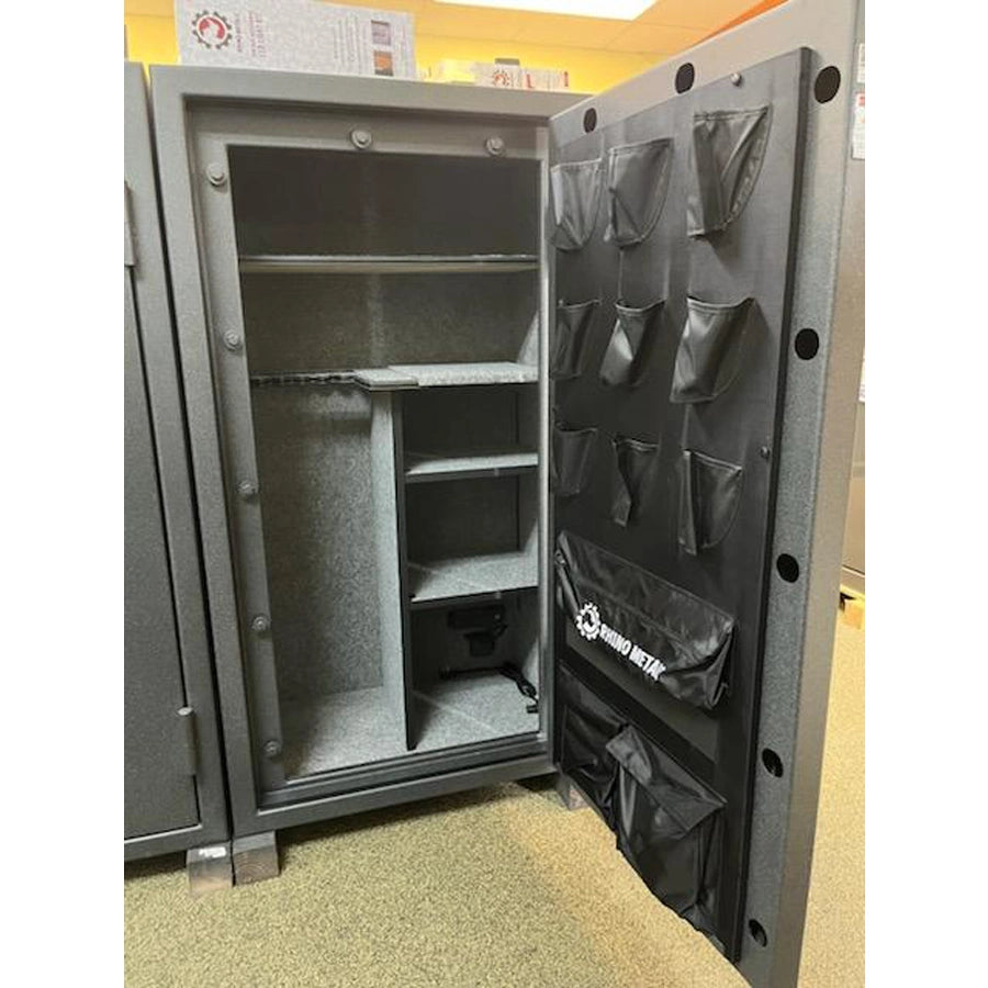 Rhino RBFX6033 safe in Textured Granite with its door open, showing a gray interior with shelves and a black door-mounted storage organizer with multiple pockets