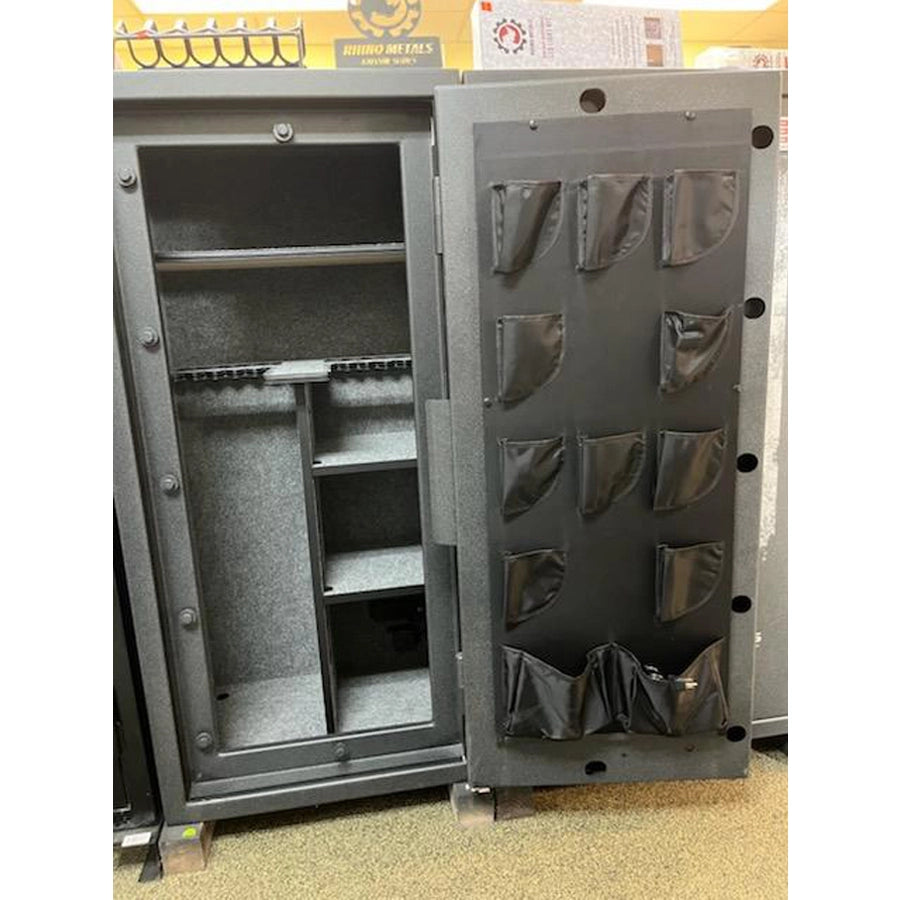 A Rhino RBX6028 safe in Textured Granite Finish with its door open 180 degrees, showing interior shelves and a door-mounted pocket organizer with multiple flap pockets.