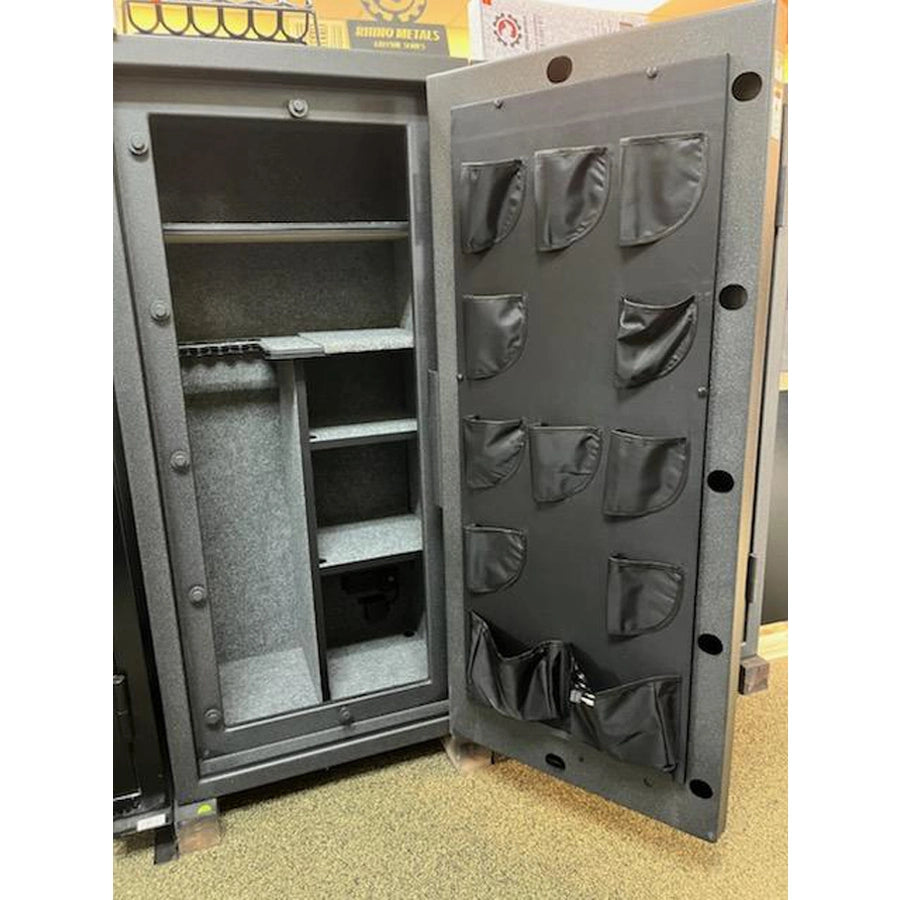 Rhino RBX6028 safe in Textured Granite Finish with its door open, showing interior shelves and a door-mounted pocket organizer with multiple pouches.